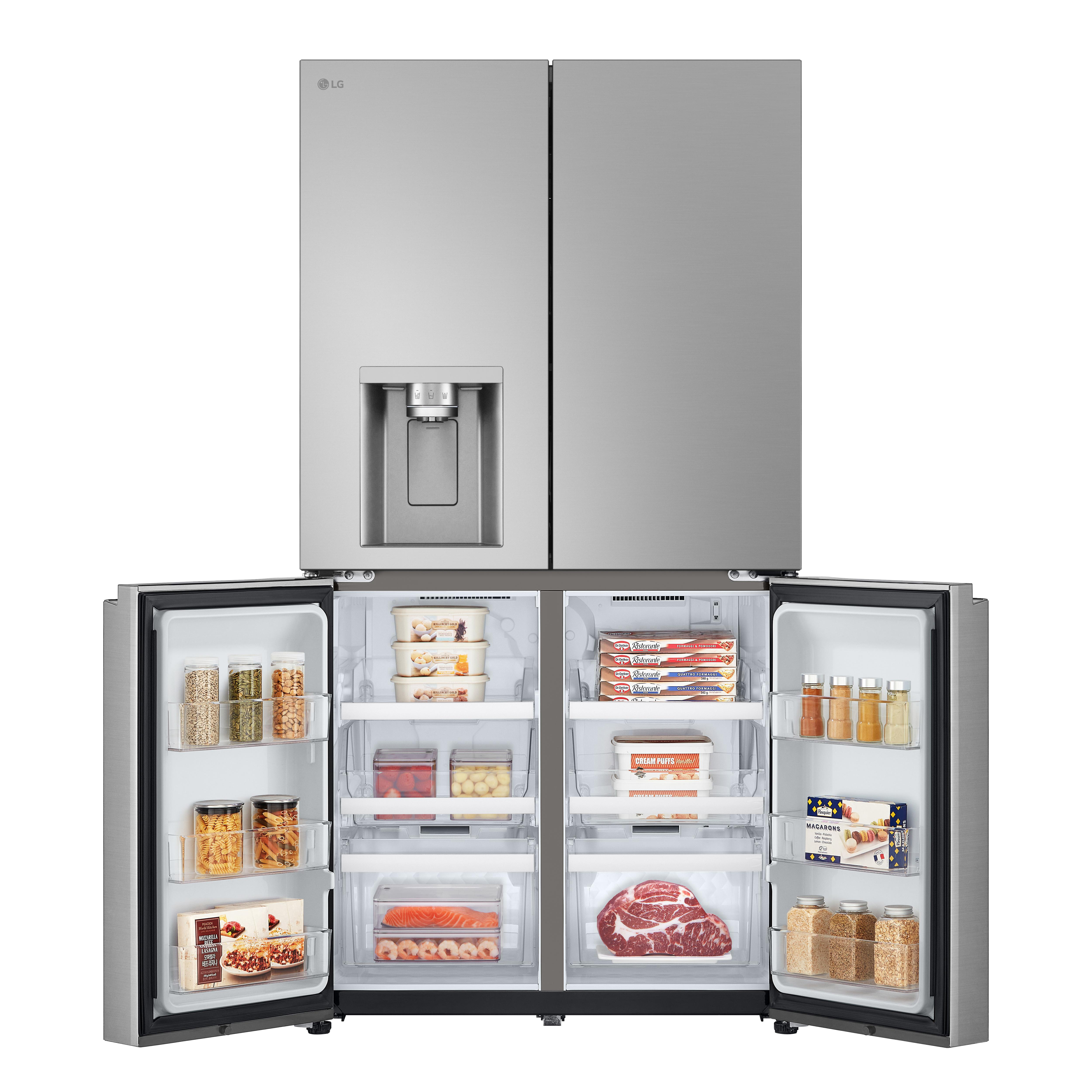 LG Kühlschrank, Edelstahl, offene Türen, mit Essen im Inneren.