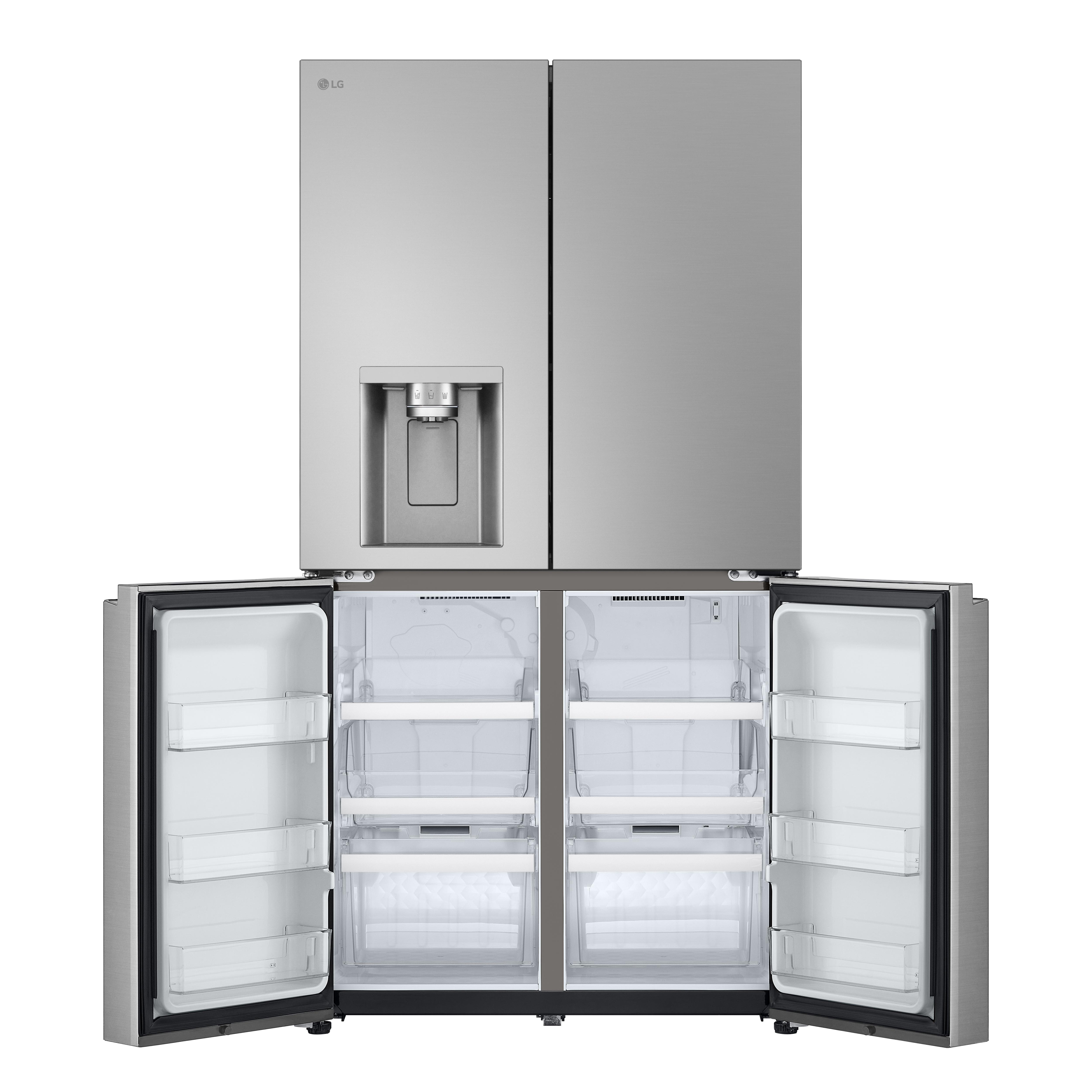 Ein Edelstahl-LG-Kühlschrank mit geöffneten Türen, die das Innere zeigen.