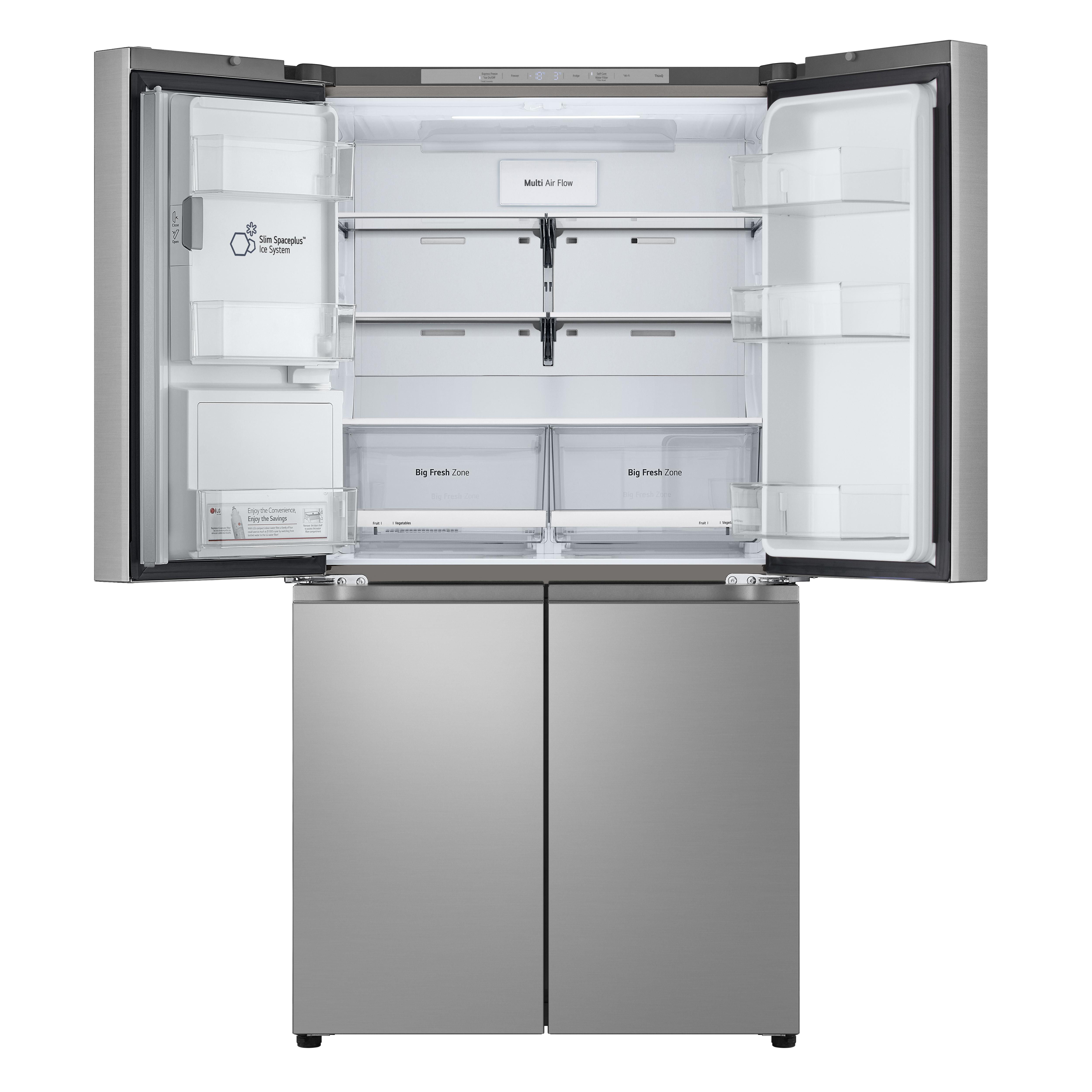Edelstahlkühlschrank mit geöffneten Türen, Regalen und Schubladen. Graues Äußeres.