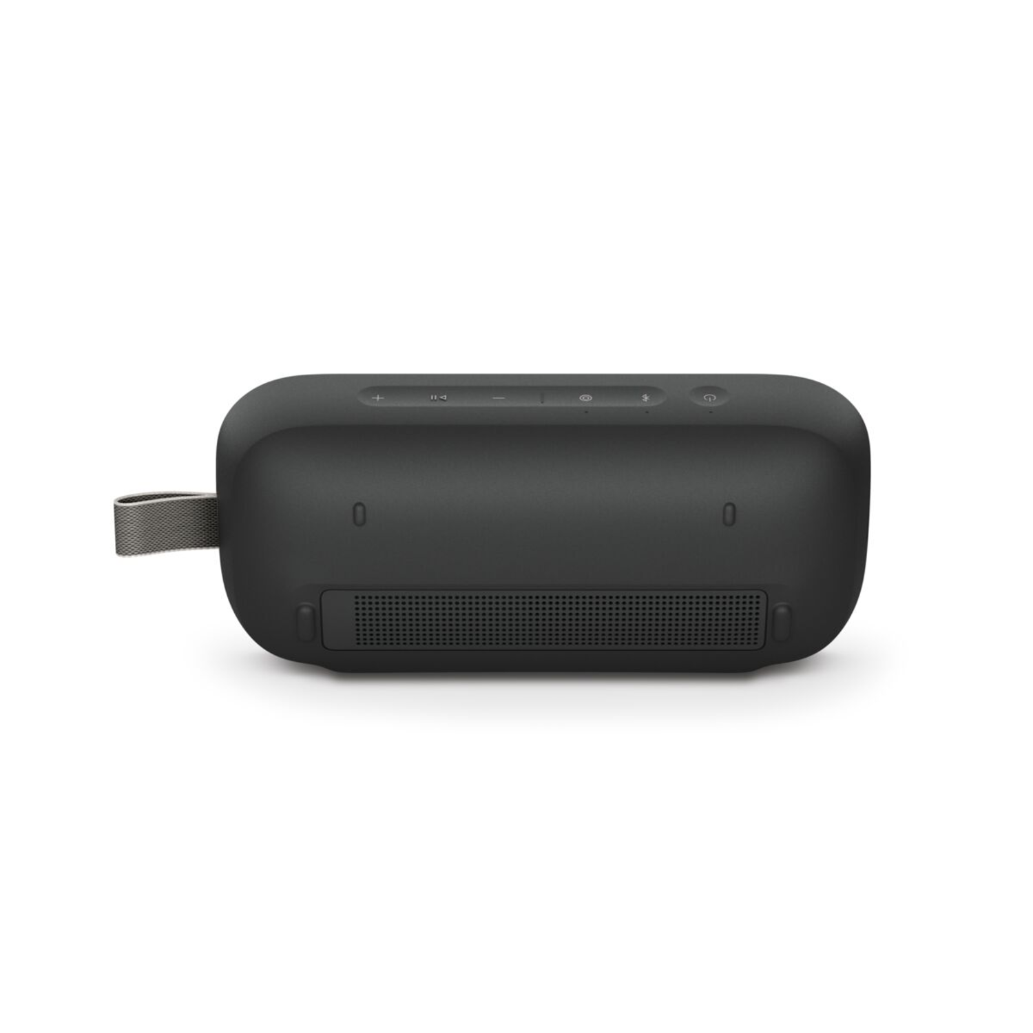 Black speaker on white background. Top view. Has buttons and a handle.