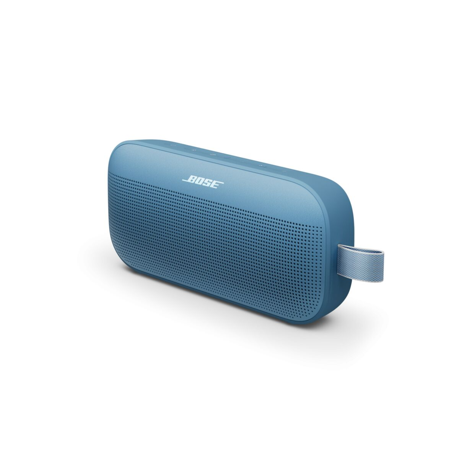 A blue Bose speaker with a grey strap on a white surface.