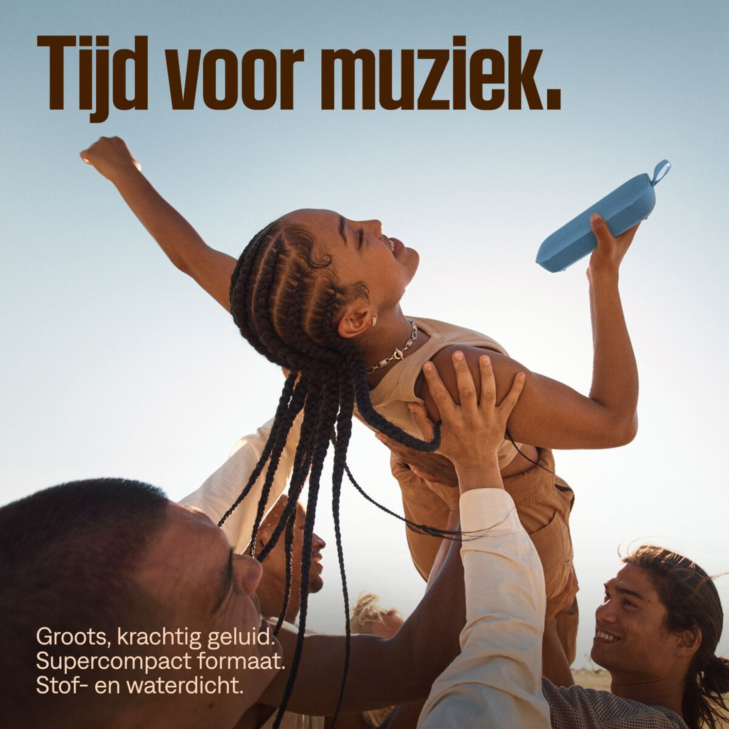 People supporting a woman holding a blue speaker. Text: Time for music.