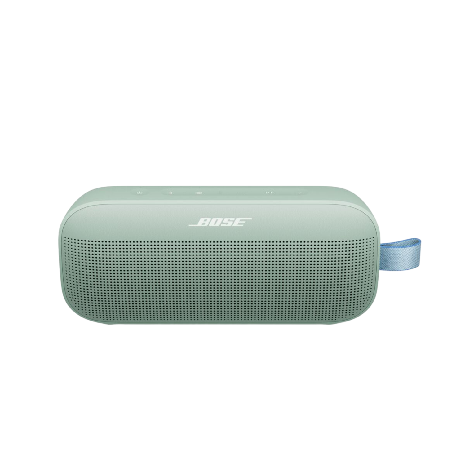 Groene Bose draagbare speaker met een blauwe band. De speaker heeft een mesh design.
