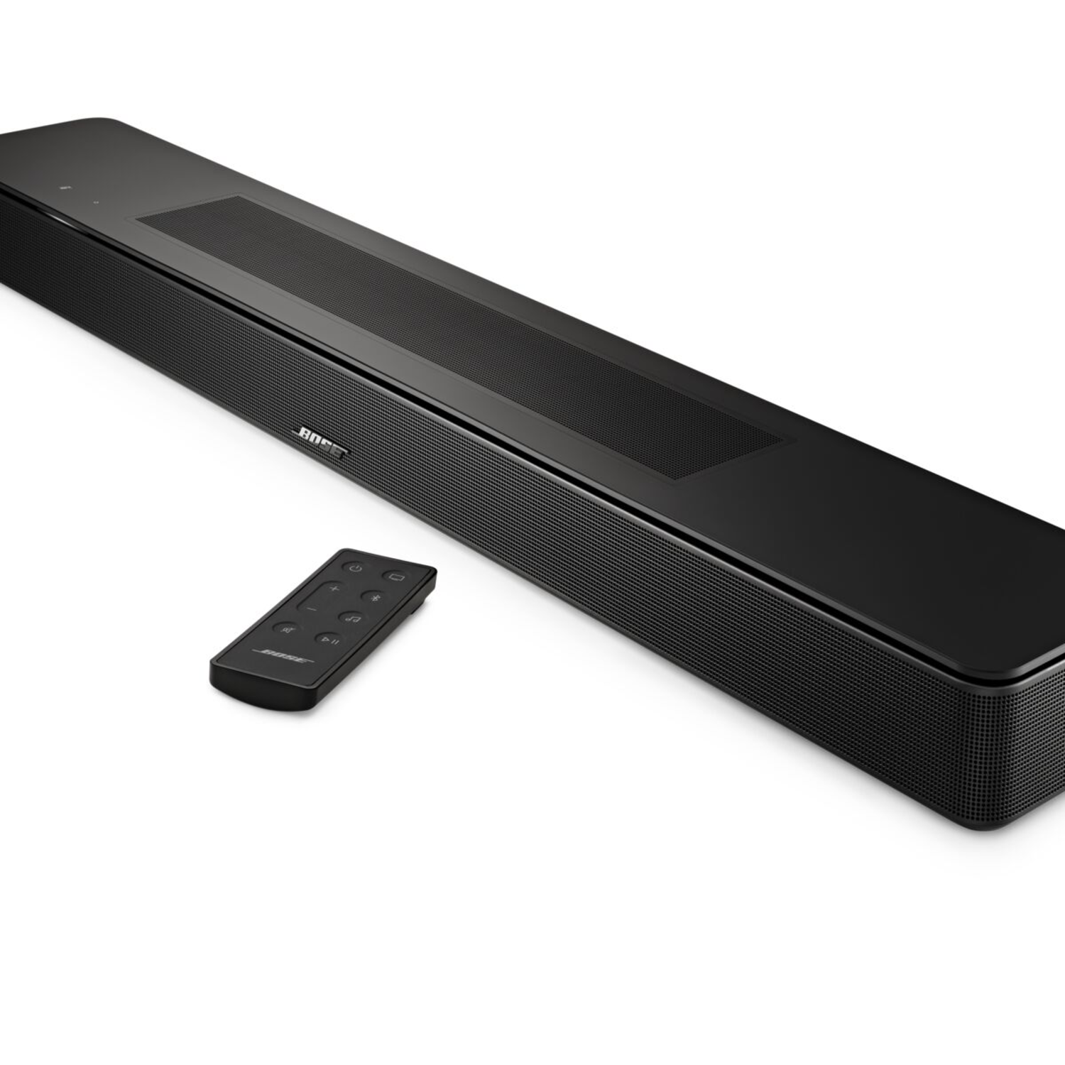 Black Bose soundbar with a remote. The soundbar is on a white surface, showing its front and top.