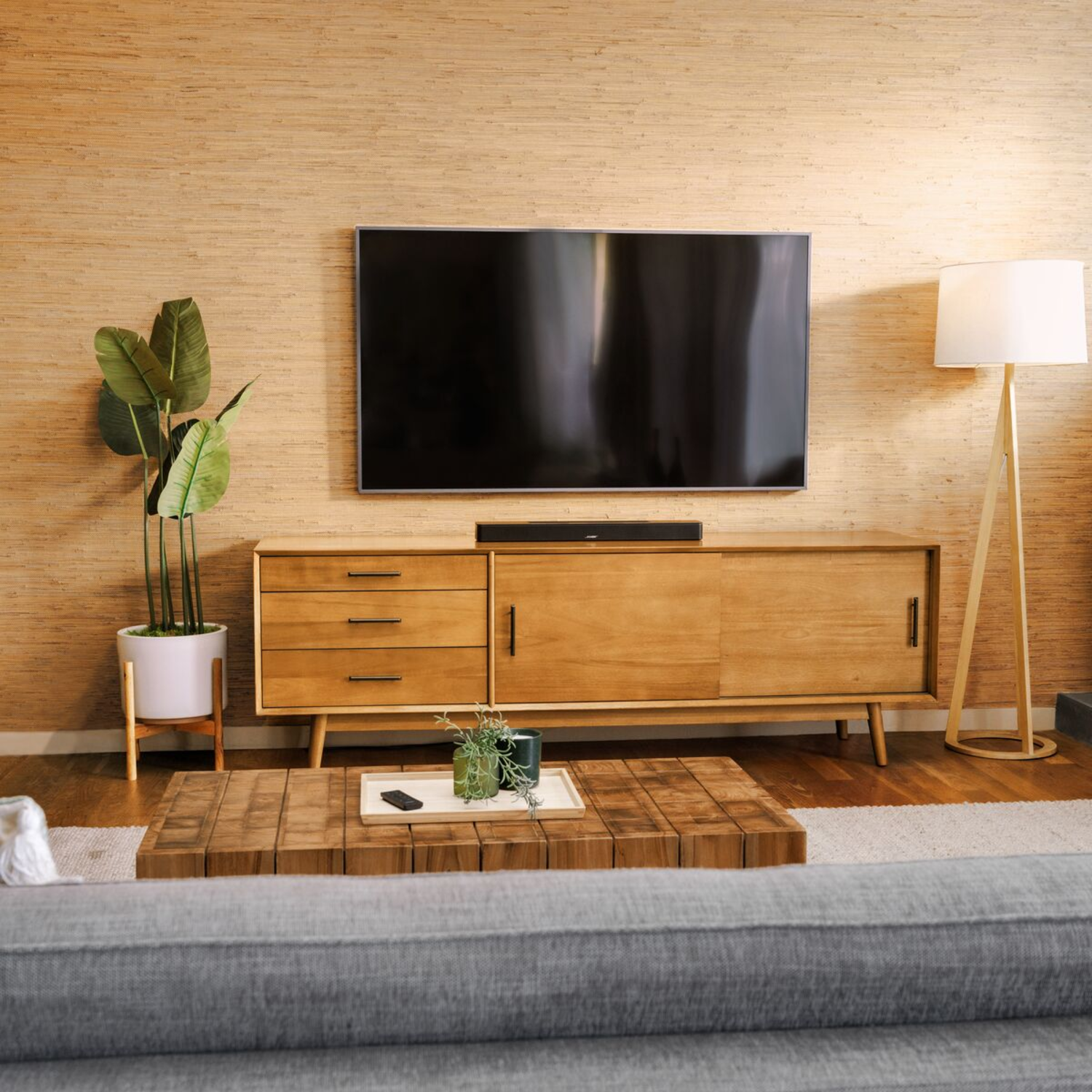 Living room setup: TV, wooden cabinet, plants, and a coffee table.