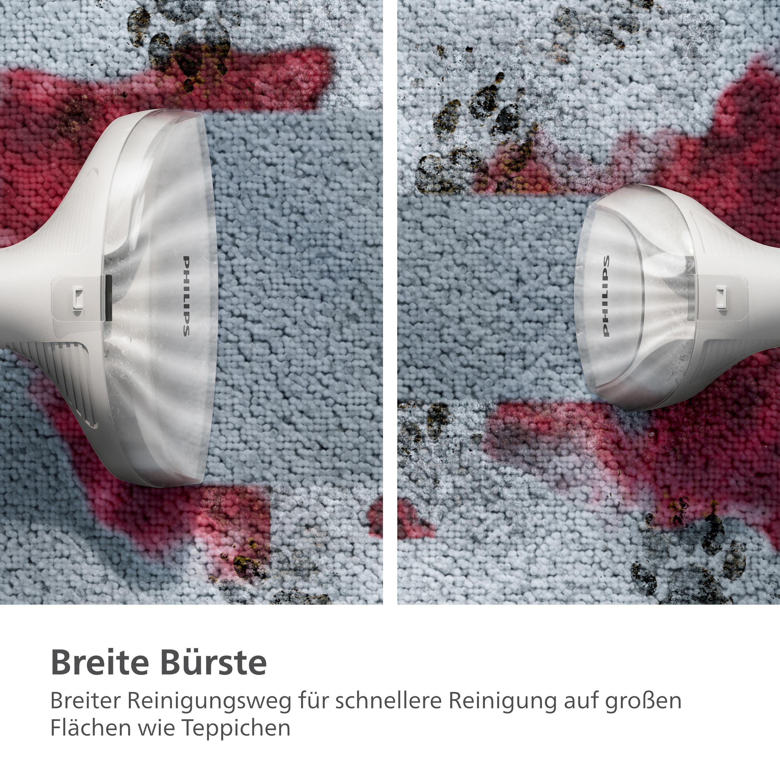 Zwei Bilder zeigen einen Philips-Teppichreiniger in Aktion. Sprühen und Reinigen auf einem befleckten Teppich.