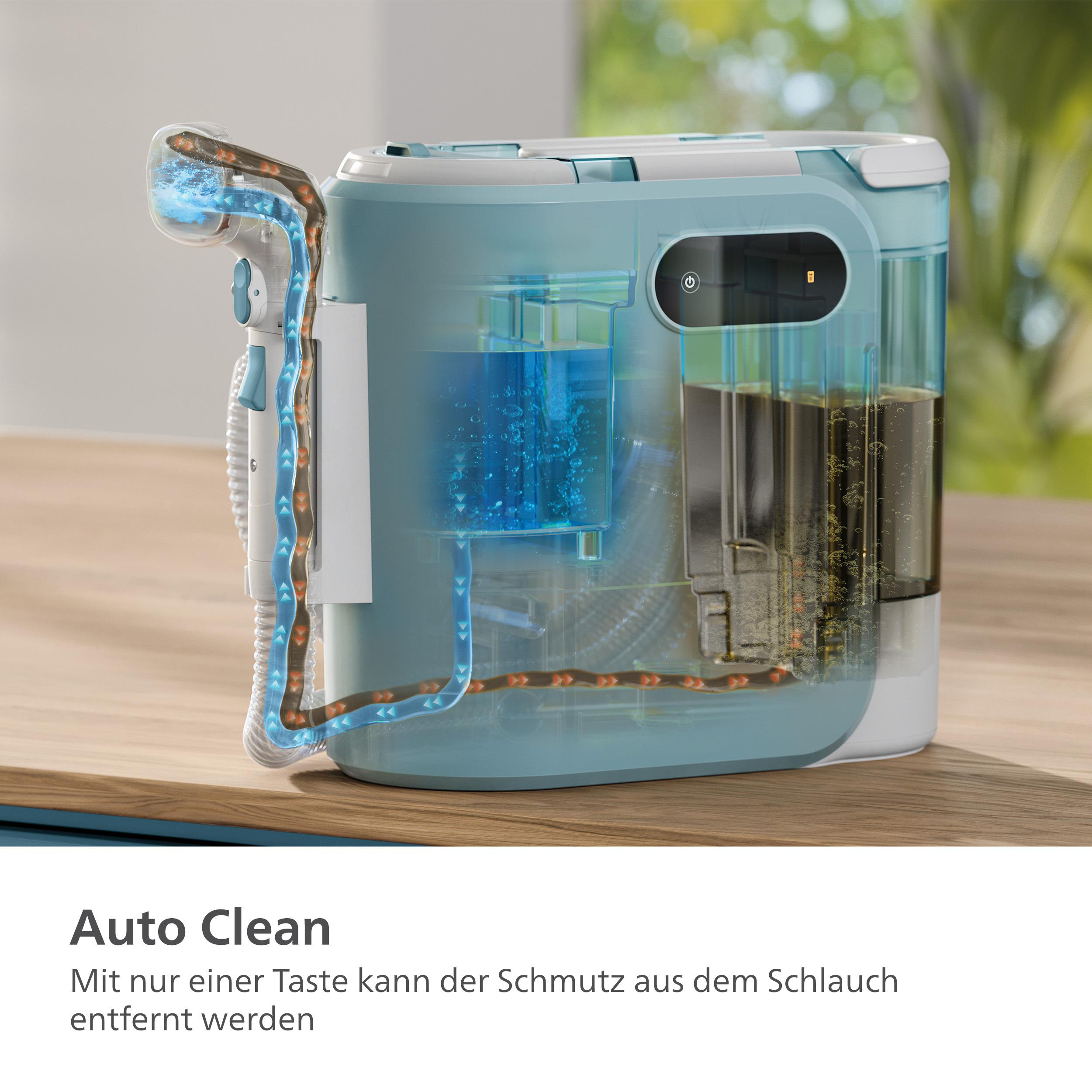 Querschnitt eines blau-weißen Geräts mit Wasserflusswegen.