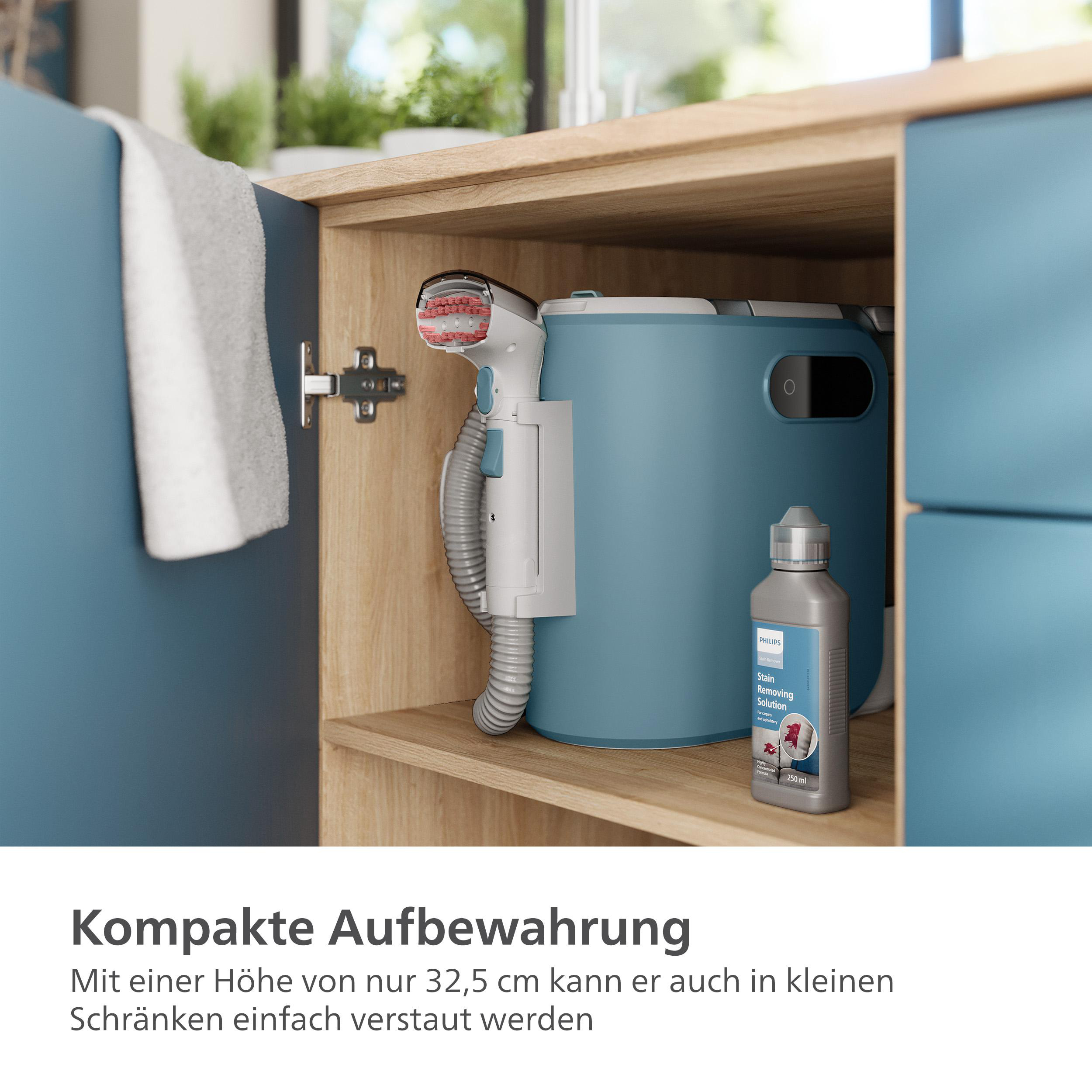 Ein Reinigungsgerät in einem Schrank mit einer Flasche Reinigungslösung daneben.