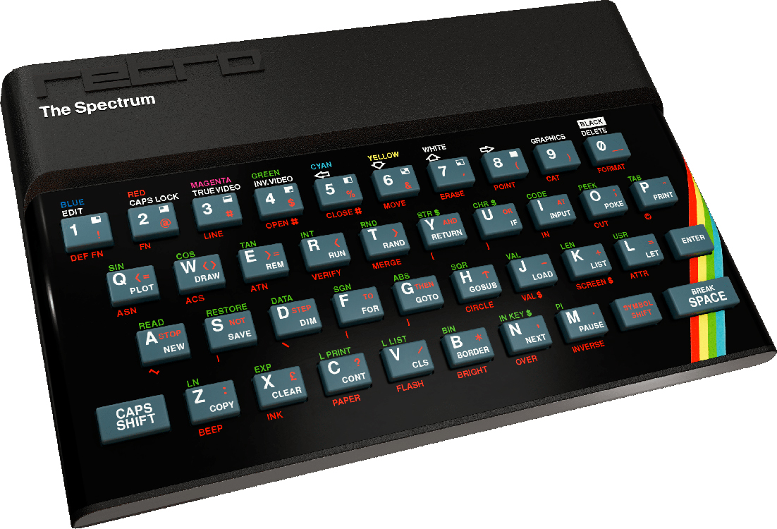 Schwarzer Retro-Computer mit Tastatur mit vielen bunten Tasten, schräge Ansicht.