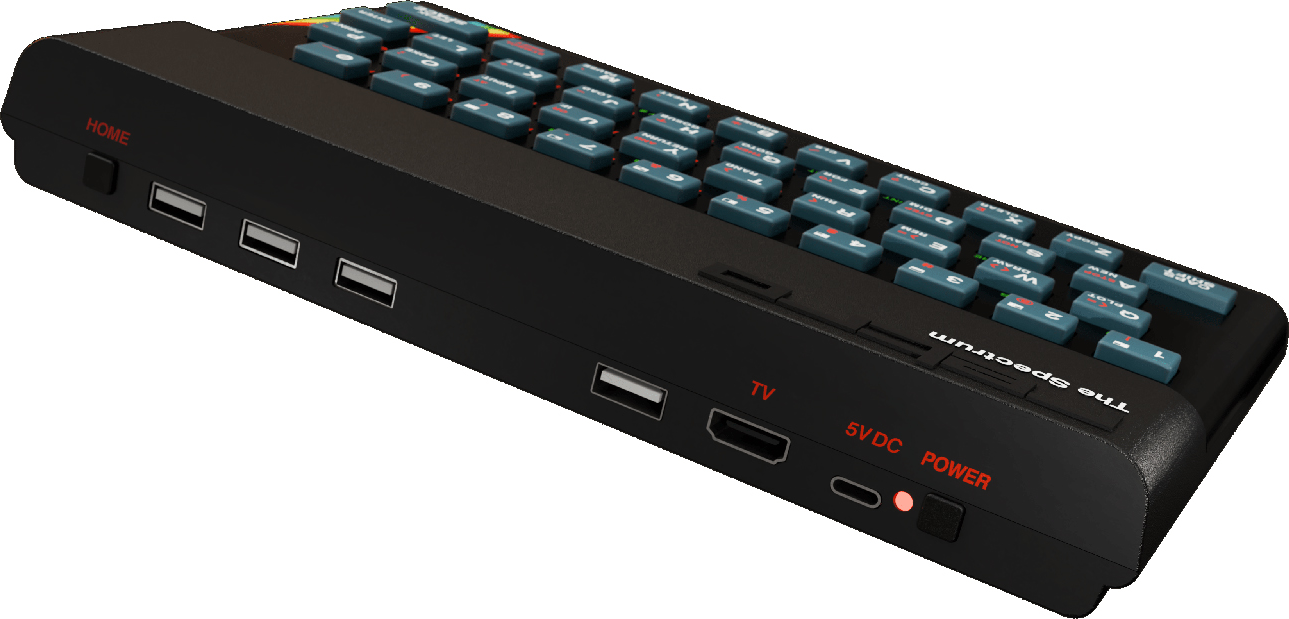 Eine Retro-Spielkonsole mit Tastatur, USB-Anschlüssen und anderen Anschlüssen.