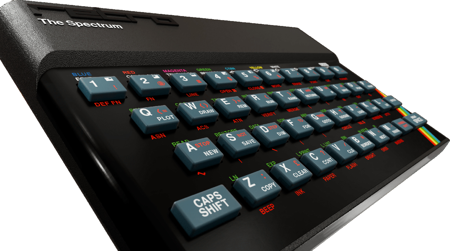 Klassische schwarze Heimcomputer-Tastatur mit blauen und grünen Tasten, schräge Ansicht.