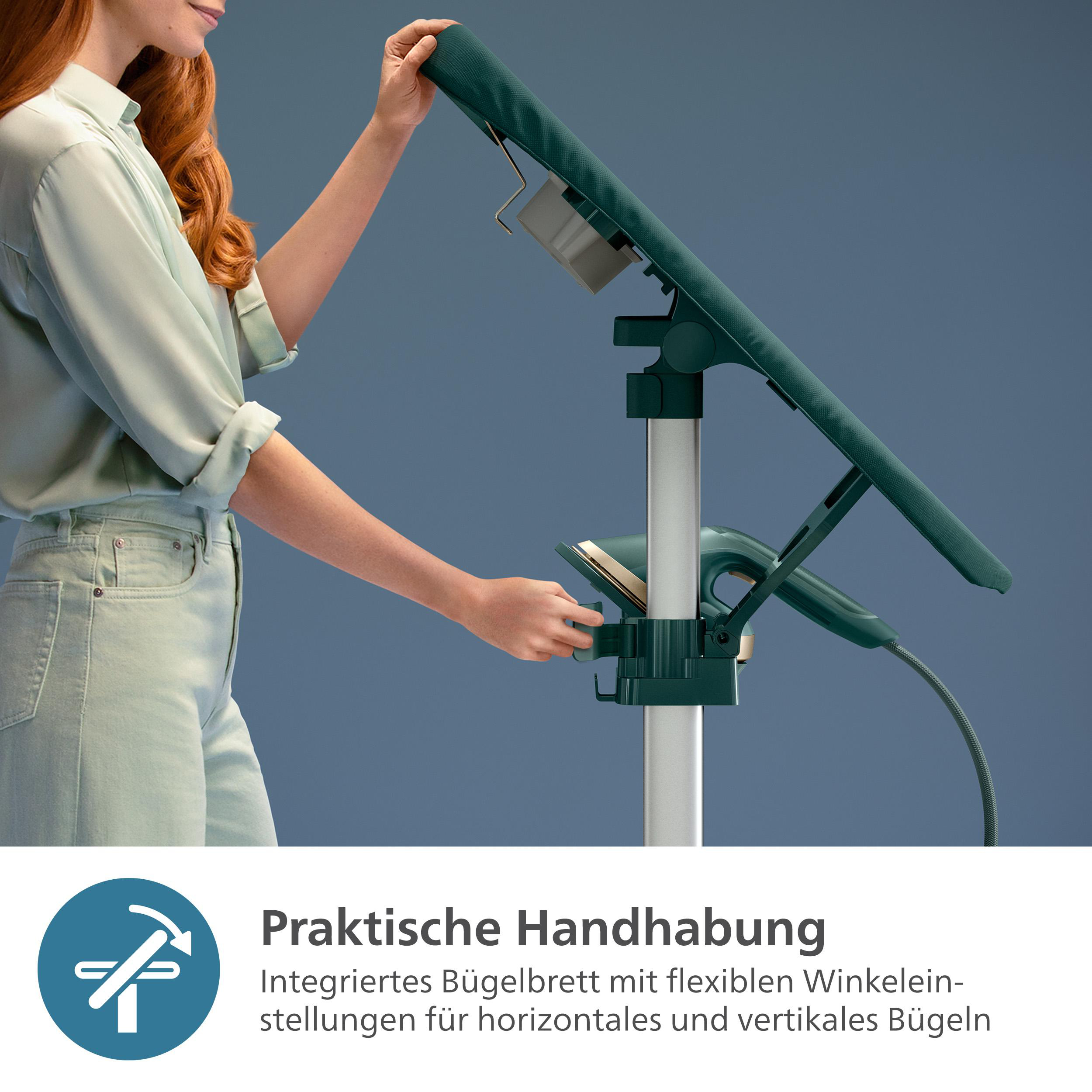 Frau bügelt mit einem Dampfbügelbrett. Deutscher Text über flexible Einstellungen.