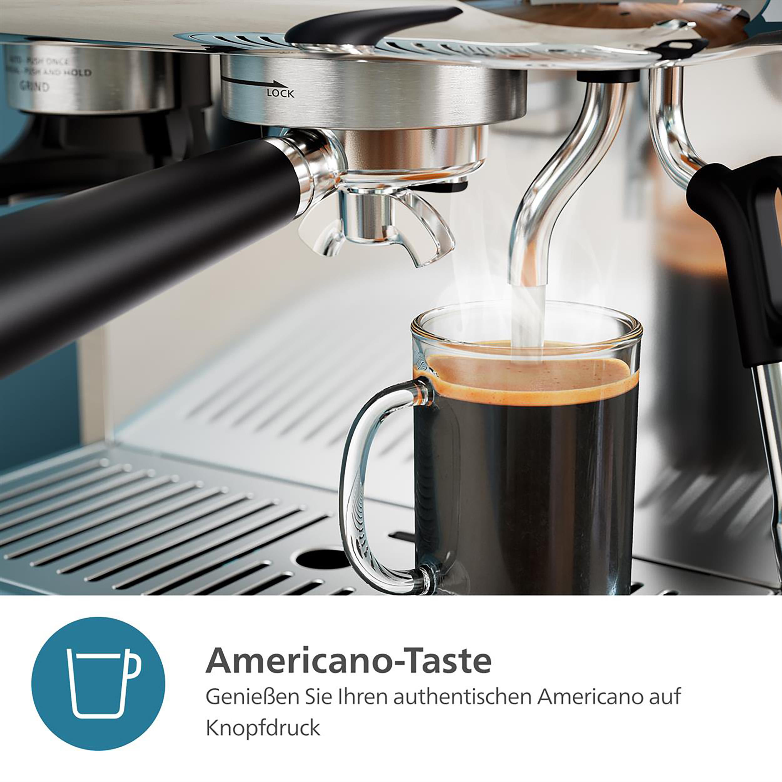 Espressomaschine mit Glasbecher mit Kaffee und Text 'Americano-Geschmack'.