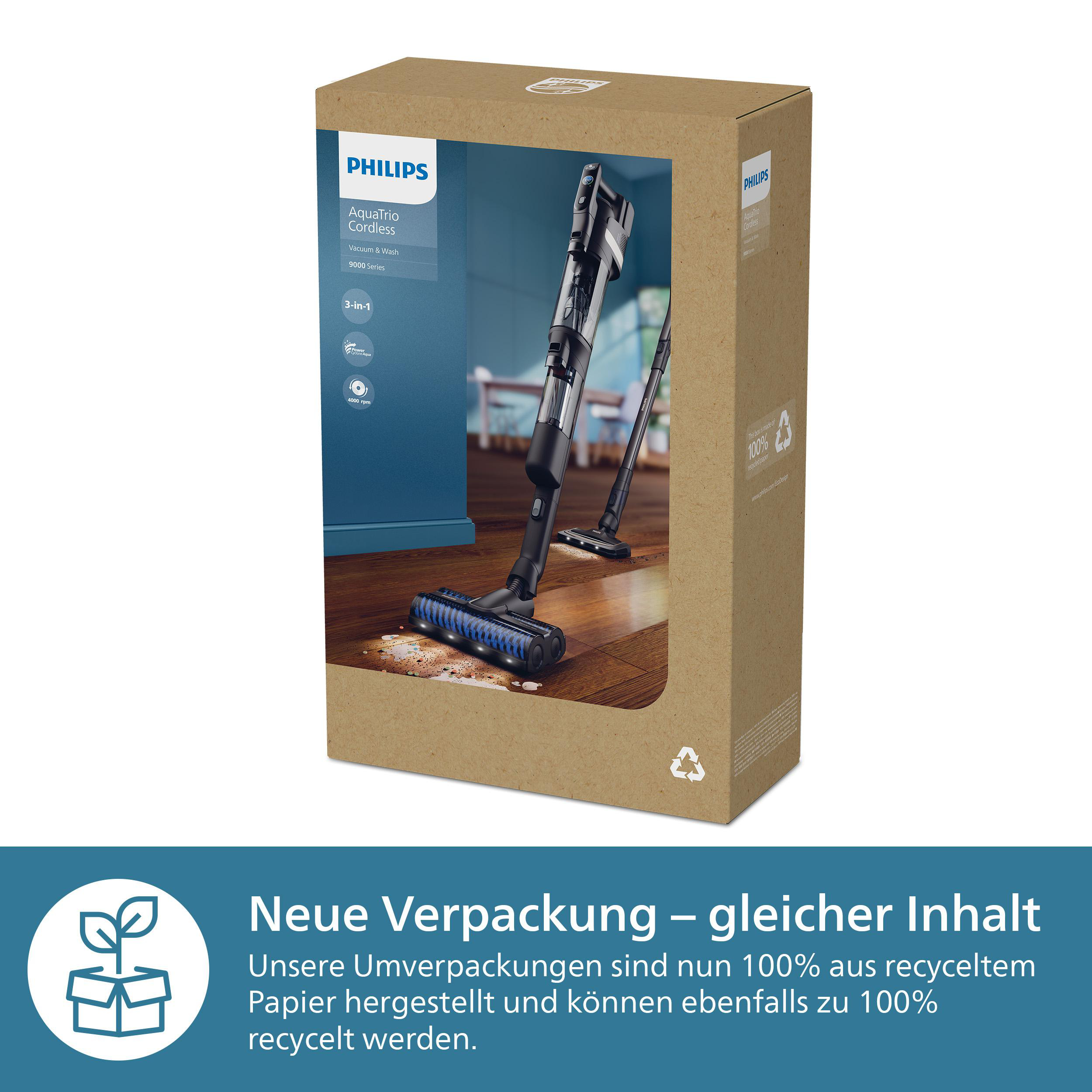 Staubsaugerbox, blaue und weiße Farben mit Produktbild auf der Box.