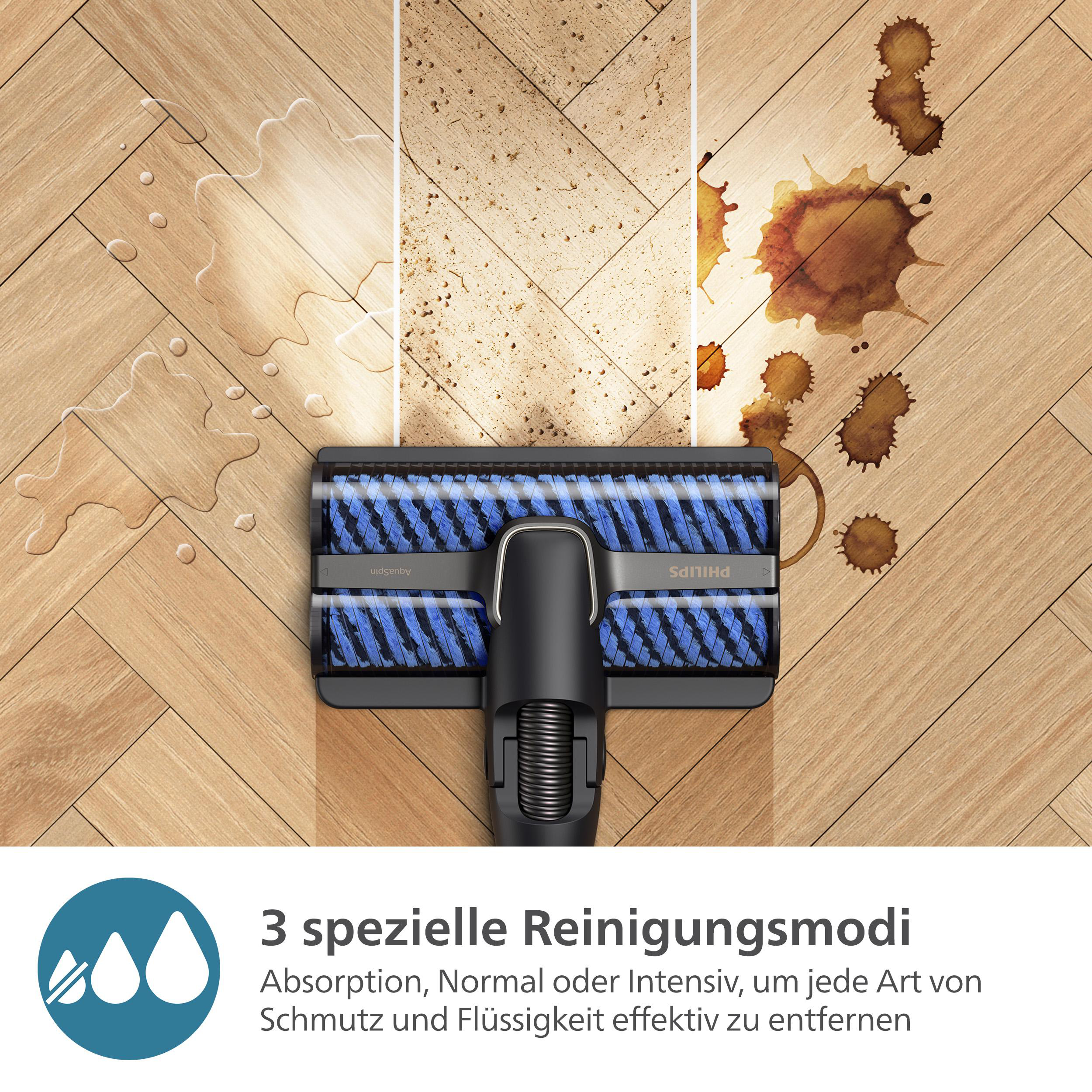 Ein Boden, der von einem Staubsauger gereinigt wird. Wasser- und Flecken auf dem Boden.