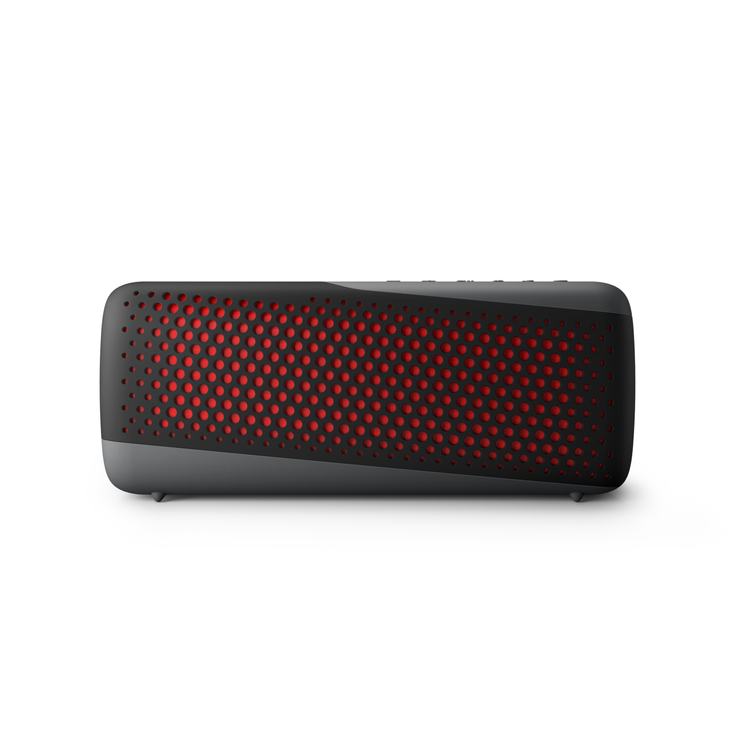 Zwarte en grijze speaker met rood gaas.