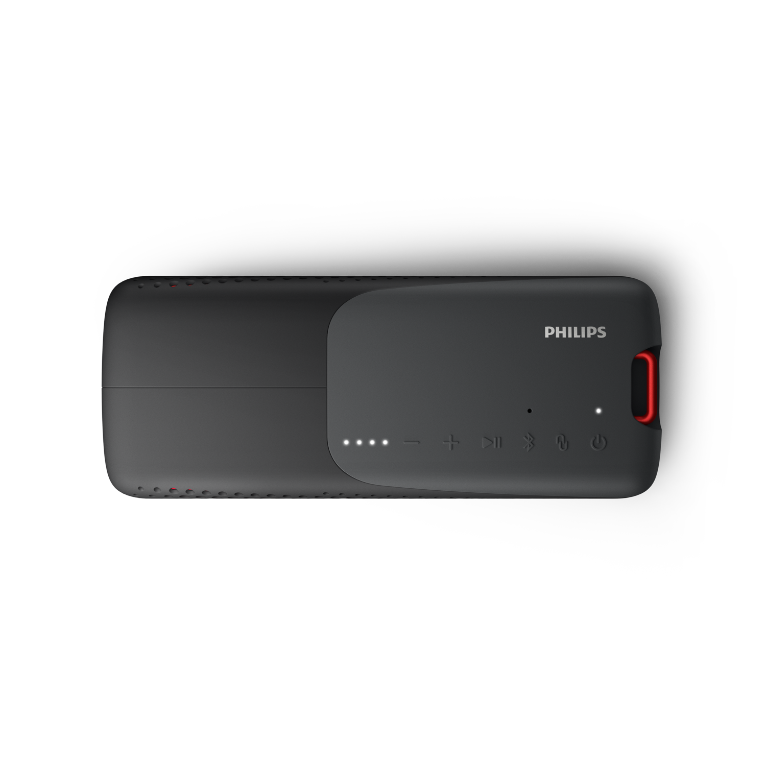 Zwarte Philips Bluetooth-luidspreker. De luidspreker heeft een slank, rechthoekig ontwerp met bedieningselementen en een rode accent.