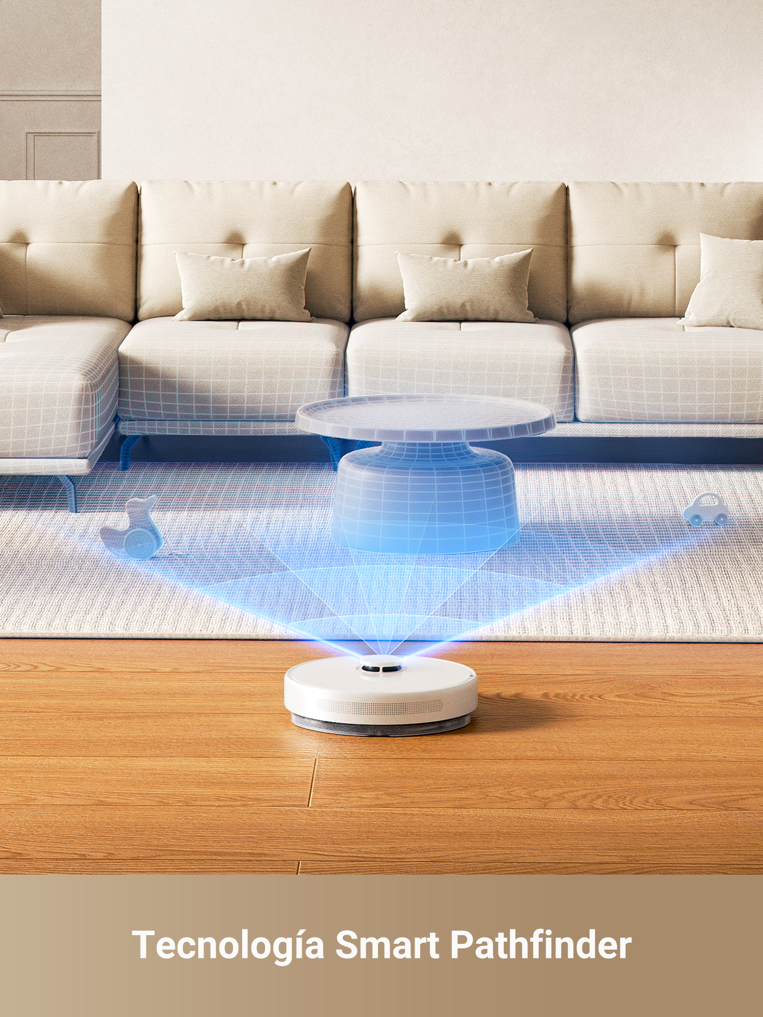Aspiradora robot en piso de madera, con proyección de luz azul de su camino.