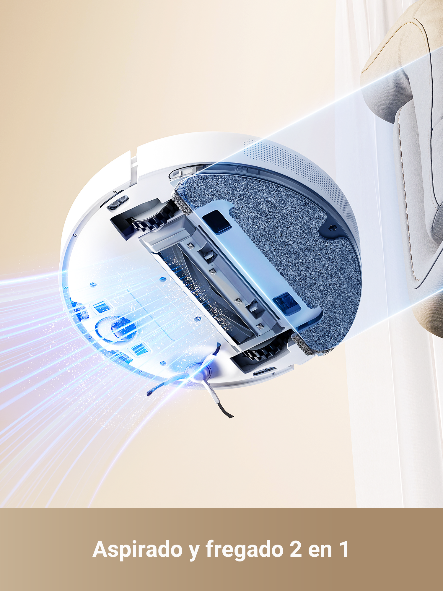 Aspiradora robot blanca con un rayo de luz azul, mostrando su estructura interna.