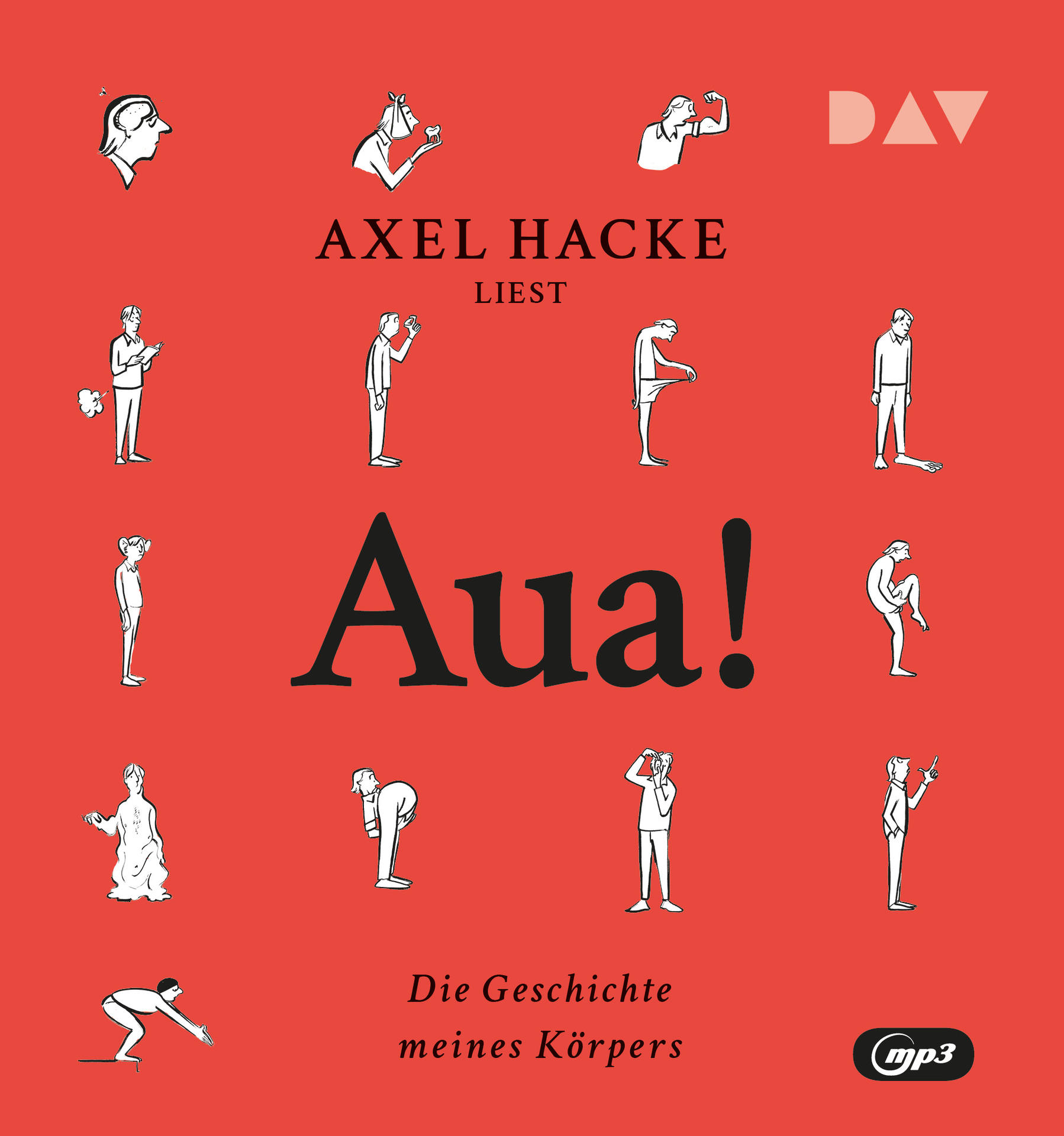 Buchcover mit dem Titel "Aua!" in großen schwarzen Buchstaben, roter Hintergrund.