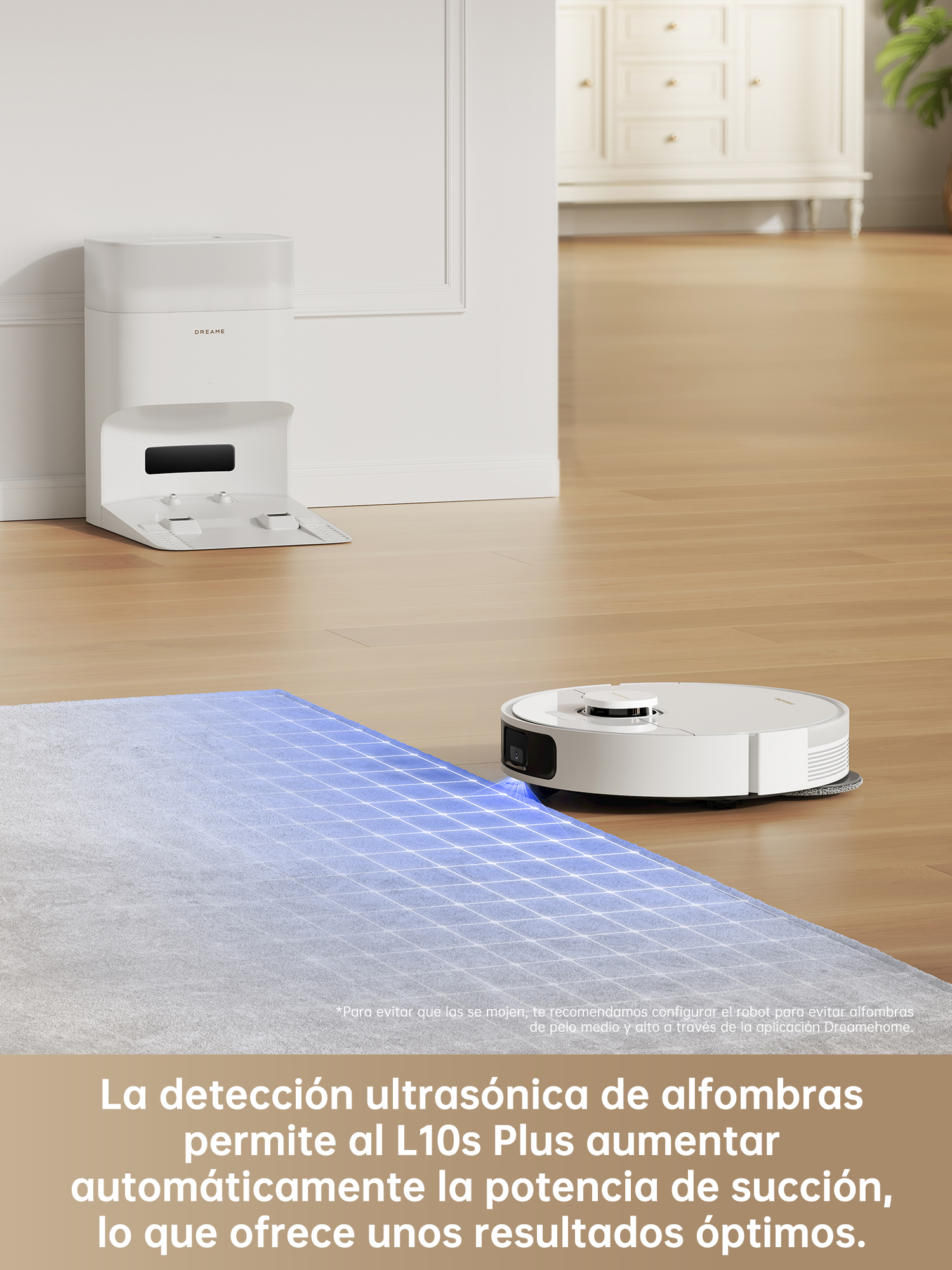 Robot aspirador en una alfombra. Texto sobre detección ultrasónica y succión.