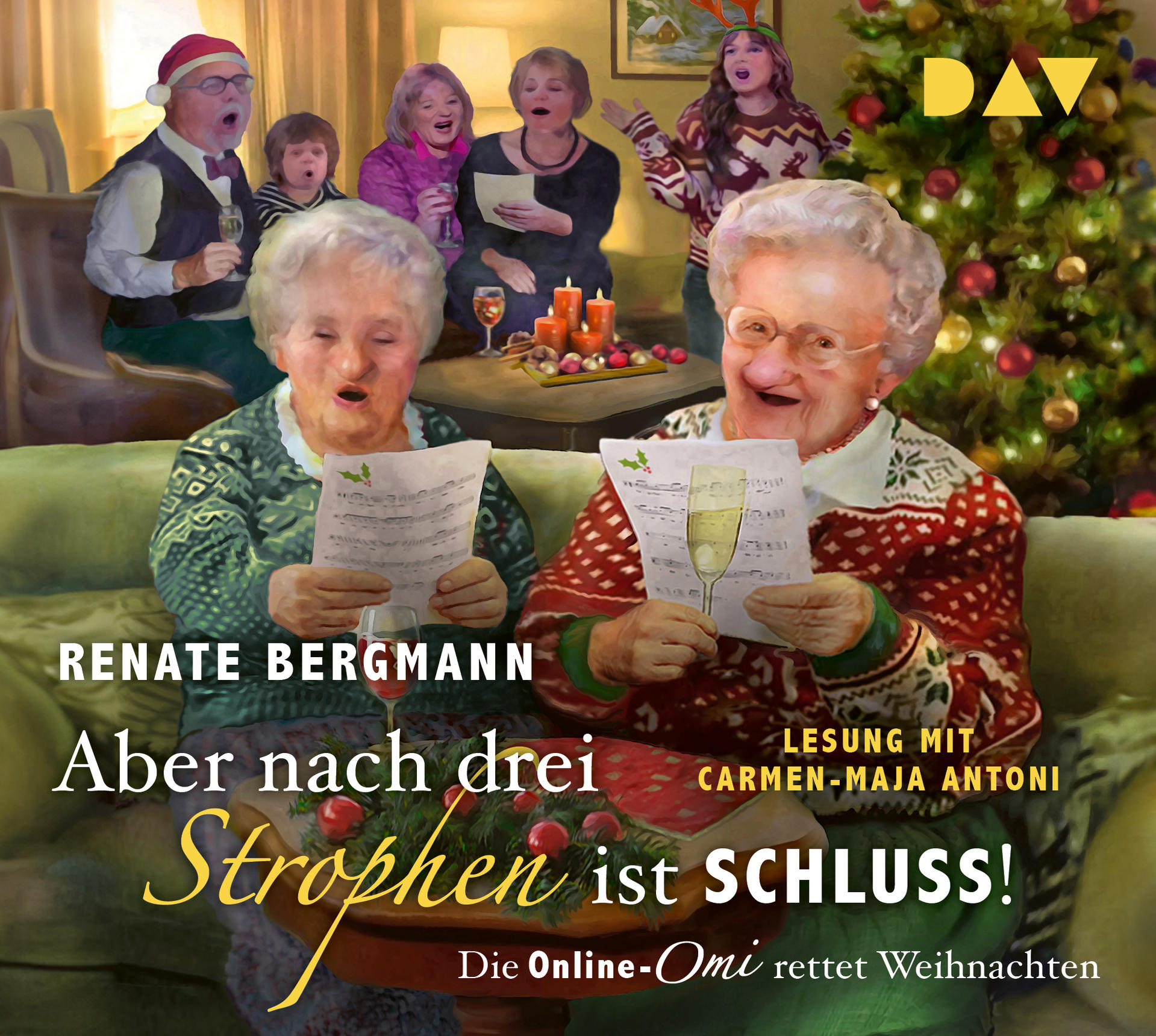 Illustration von älteren Menschen, die Weihnachtslieder singen. Text auf Deutsch: 'Aber nach drei Strophen ist Schluss!'