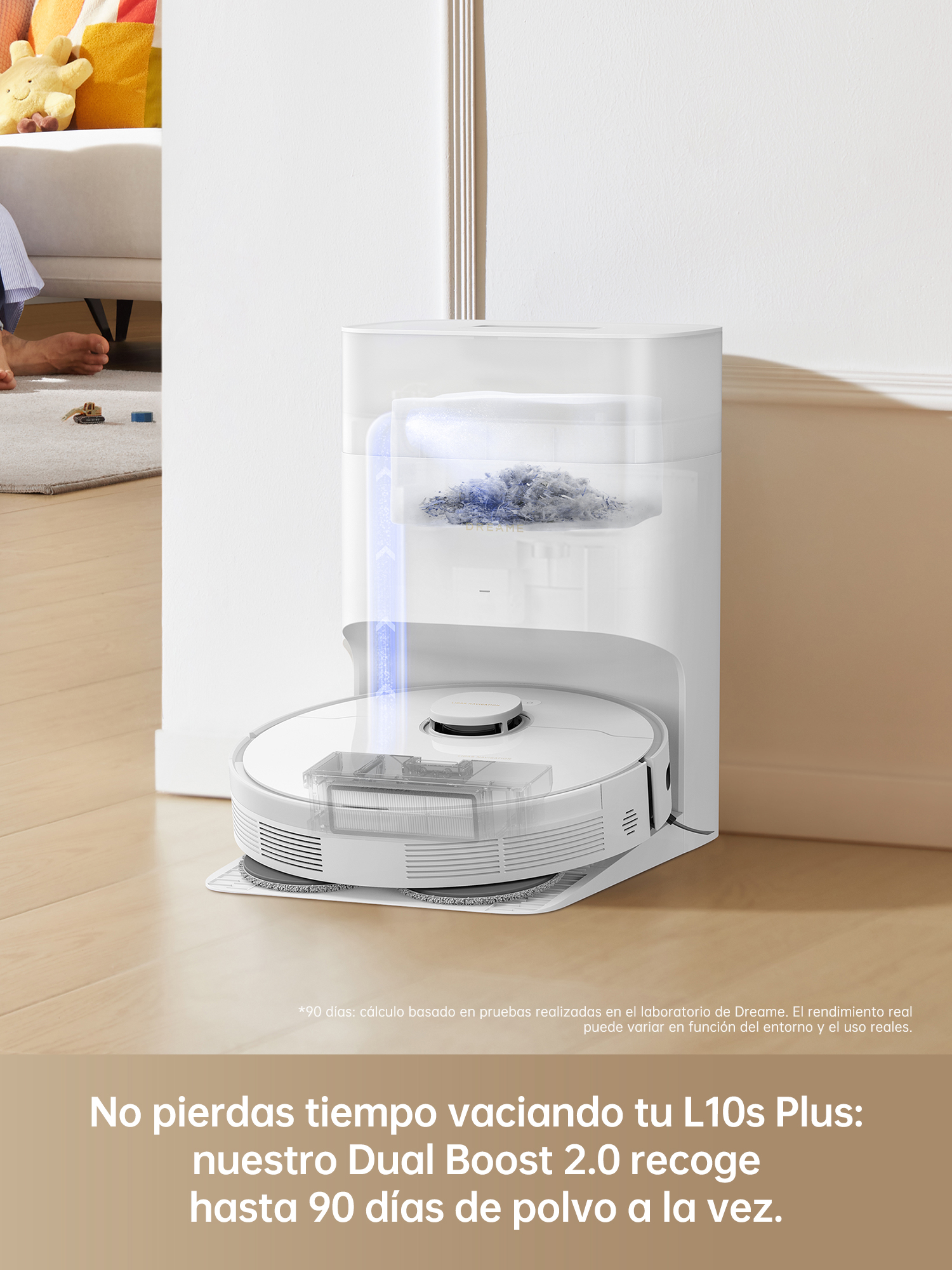 Robot aspirador y su estación de carga con una bolsa de polvo.