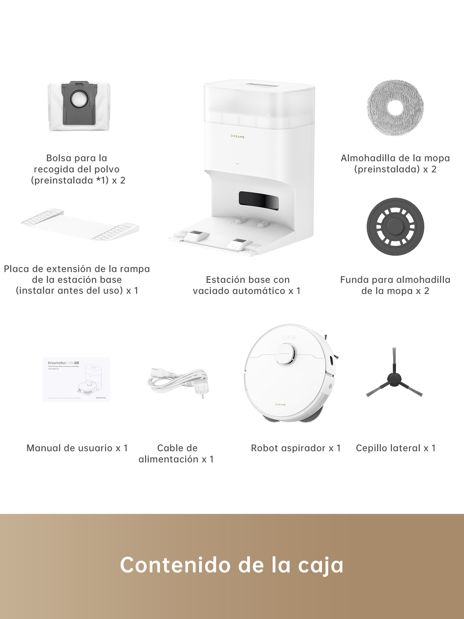Caja con componentes de aspiradora robot: aspiradora, base de carga, almohadillas y otros accesorios. Fondo blanco.