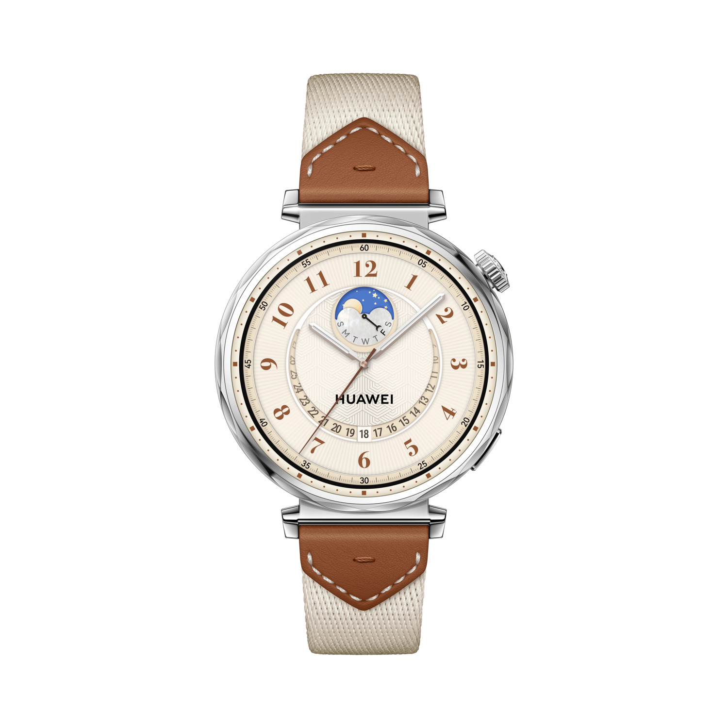 A silver Huawei smartwatch with a beige strap and brown leather accents. The watch face shows the time.