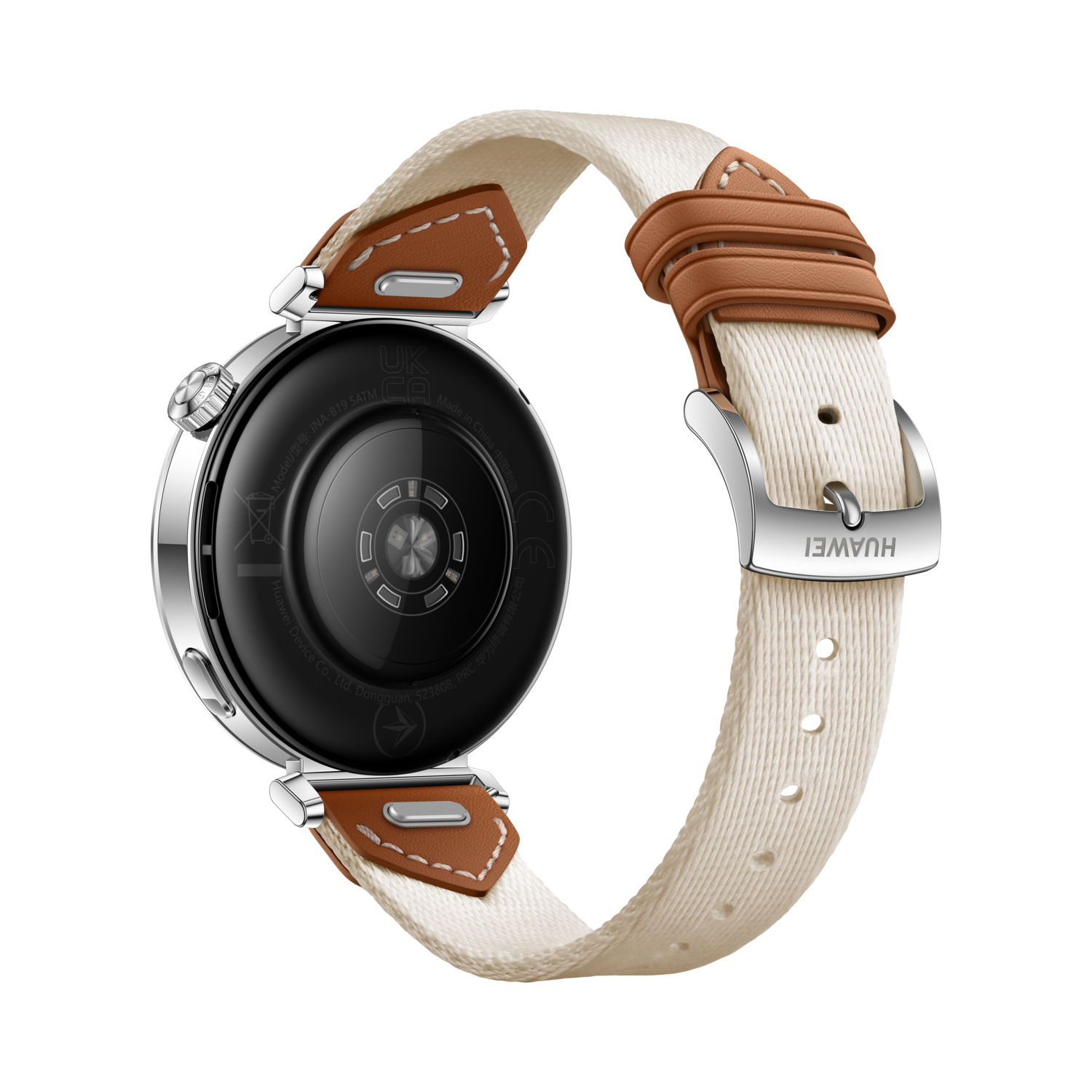 The back of a silver smartwatch with a beige and brown strap.