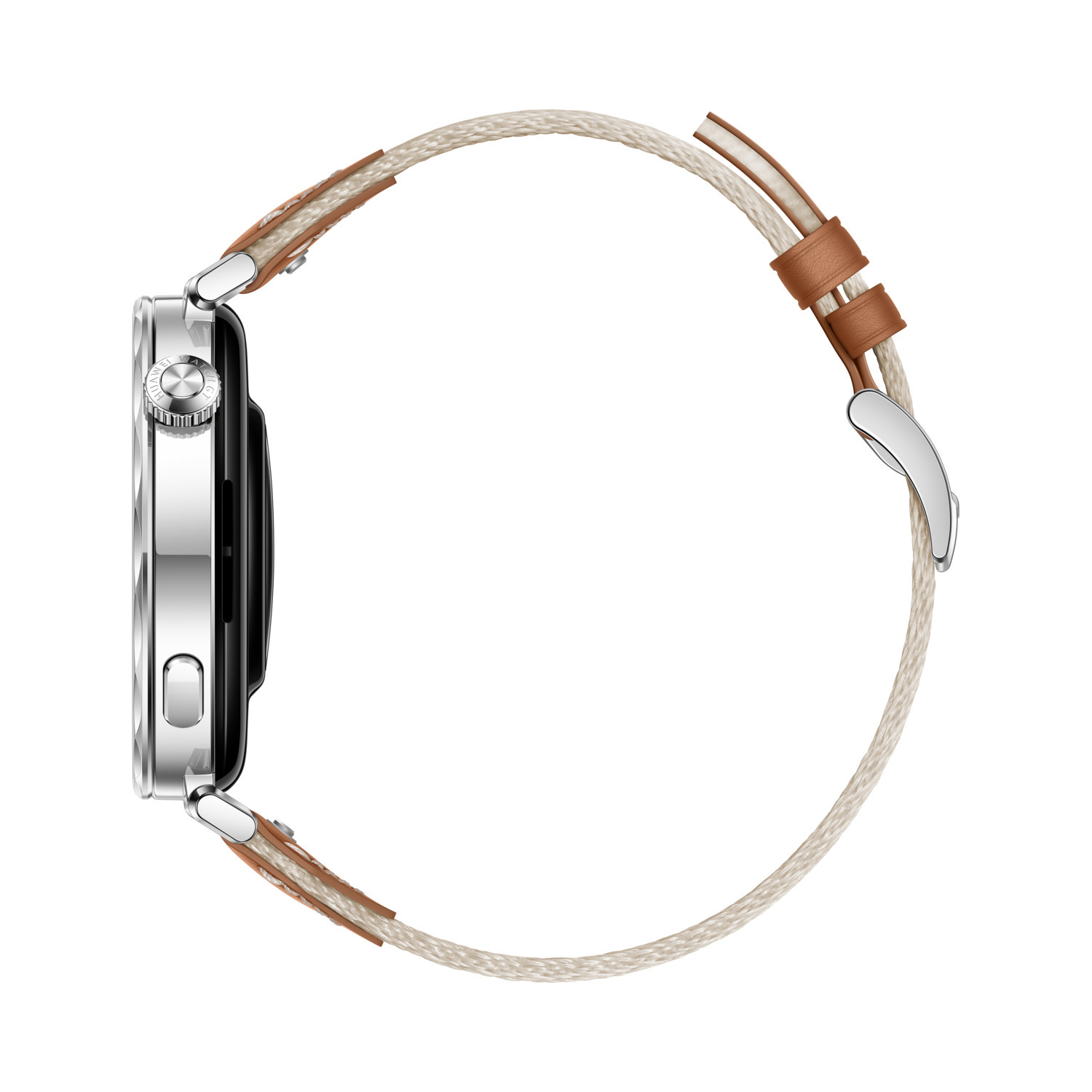 A silver smartwatch with a brown leather strap and a white cord.
