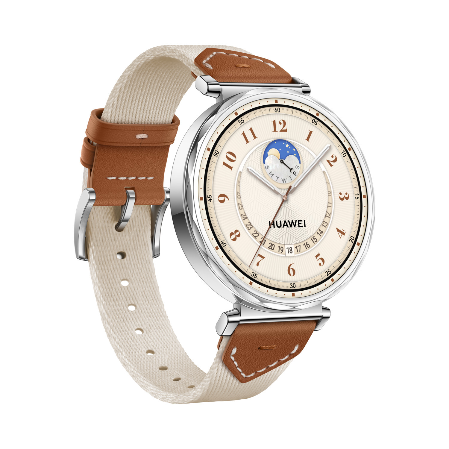 A close-up of a silver and brown smartwatch with a cream-colored band.