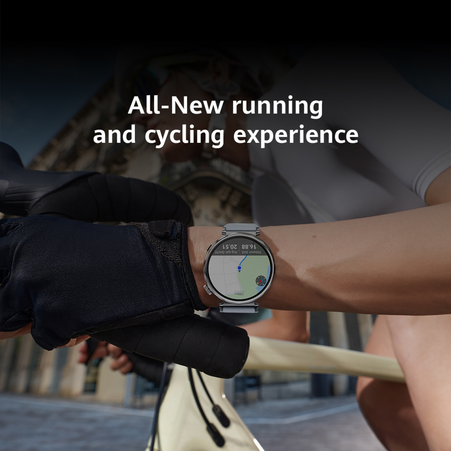 Person wearing a smartwatch, showing running route on screen, cycling experience text.