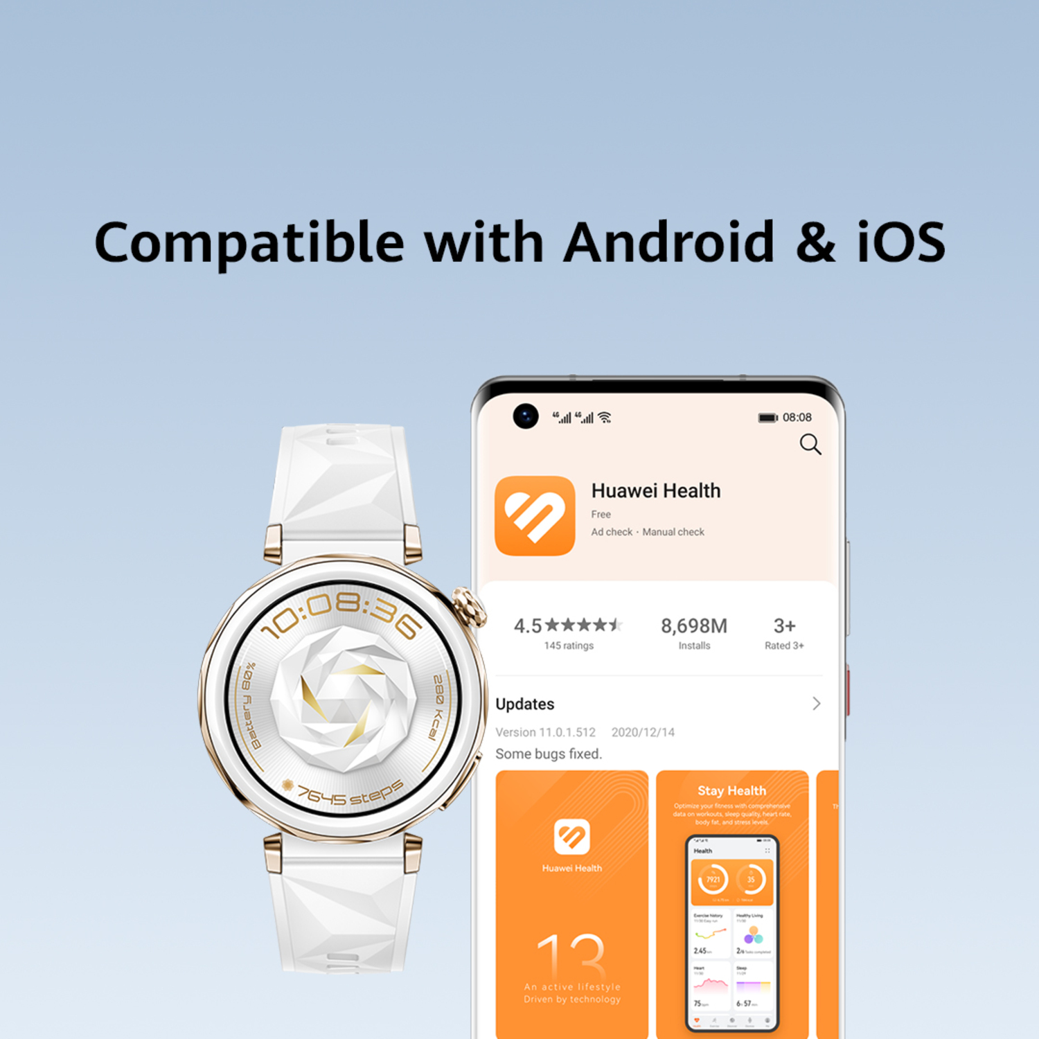 White smartwatch with a phone showing Huawei Health app, and text 'Compatible with Android & iOS'.