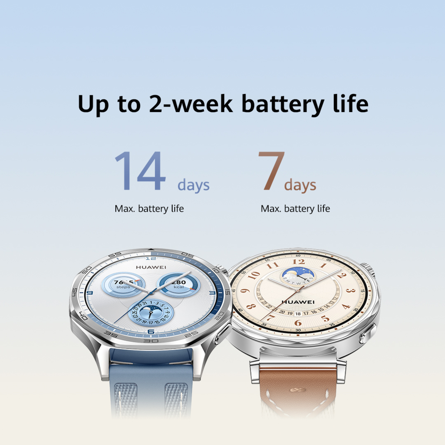 Two smartwatches side by side. One has a blue band, the other a brown one.