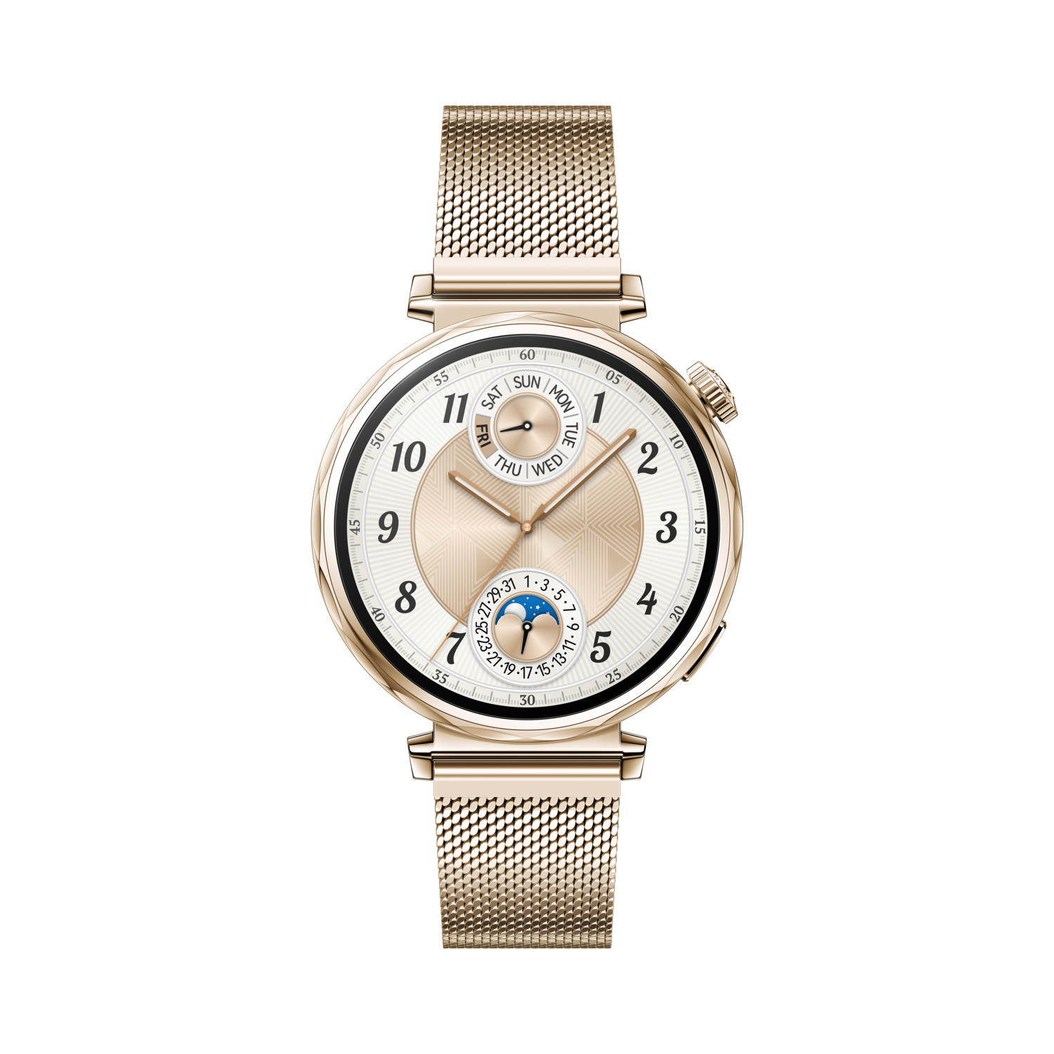 A gold colored smartwatch with a gold mesh band and a white background.