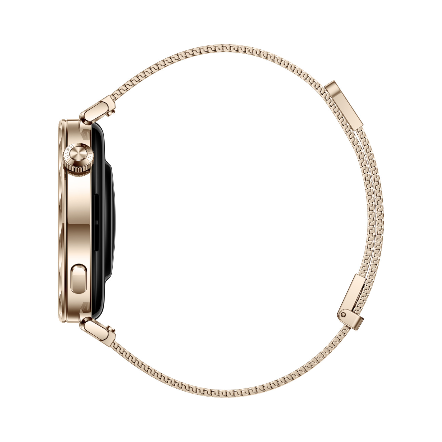 A side view of a gold smartwatch with a gold metallic band, on a white background.