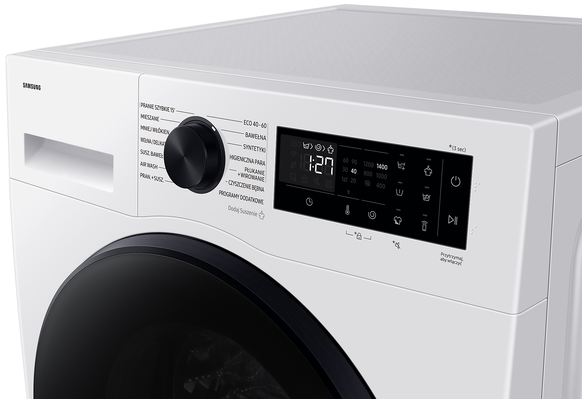 Biały panel sterowania pralki. Posiada czarne pokrętło, ekran i przyciski dotykowe.