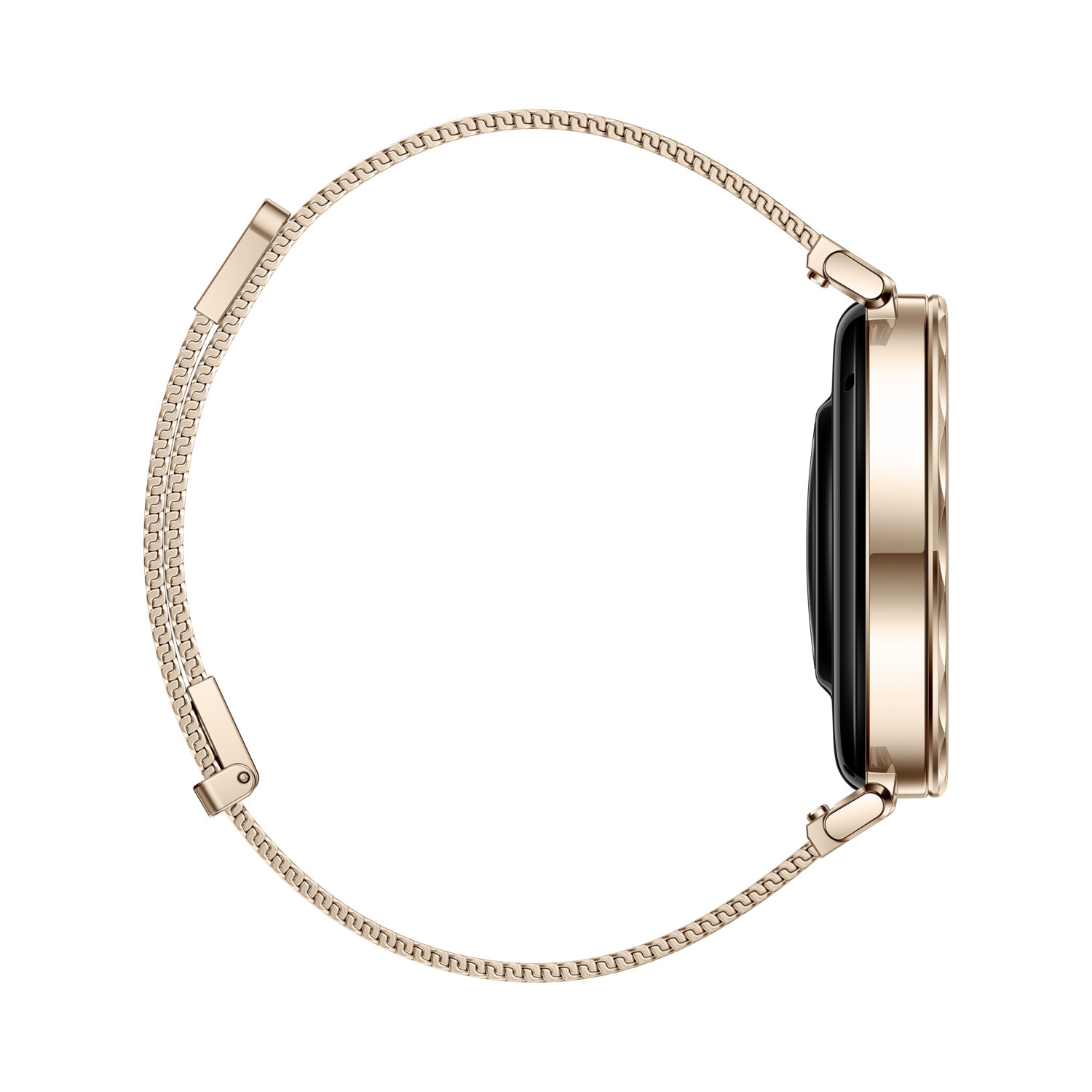 A side view of a gold smartwatch with a mesh band.