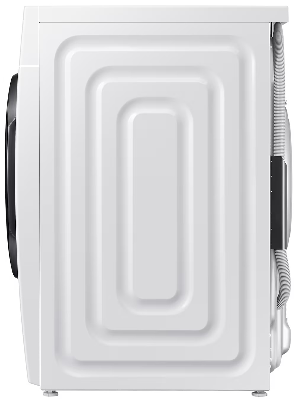 Biała pralka, widok z boku z teksturowanymi panelami.