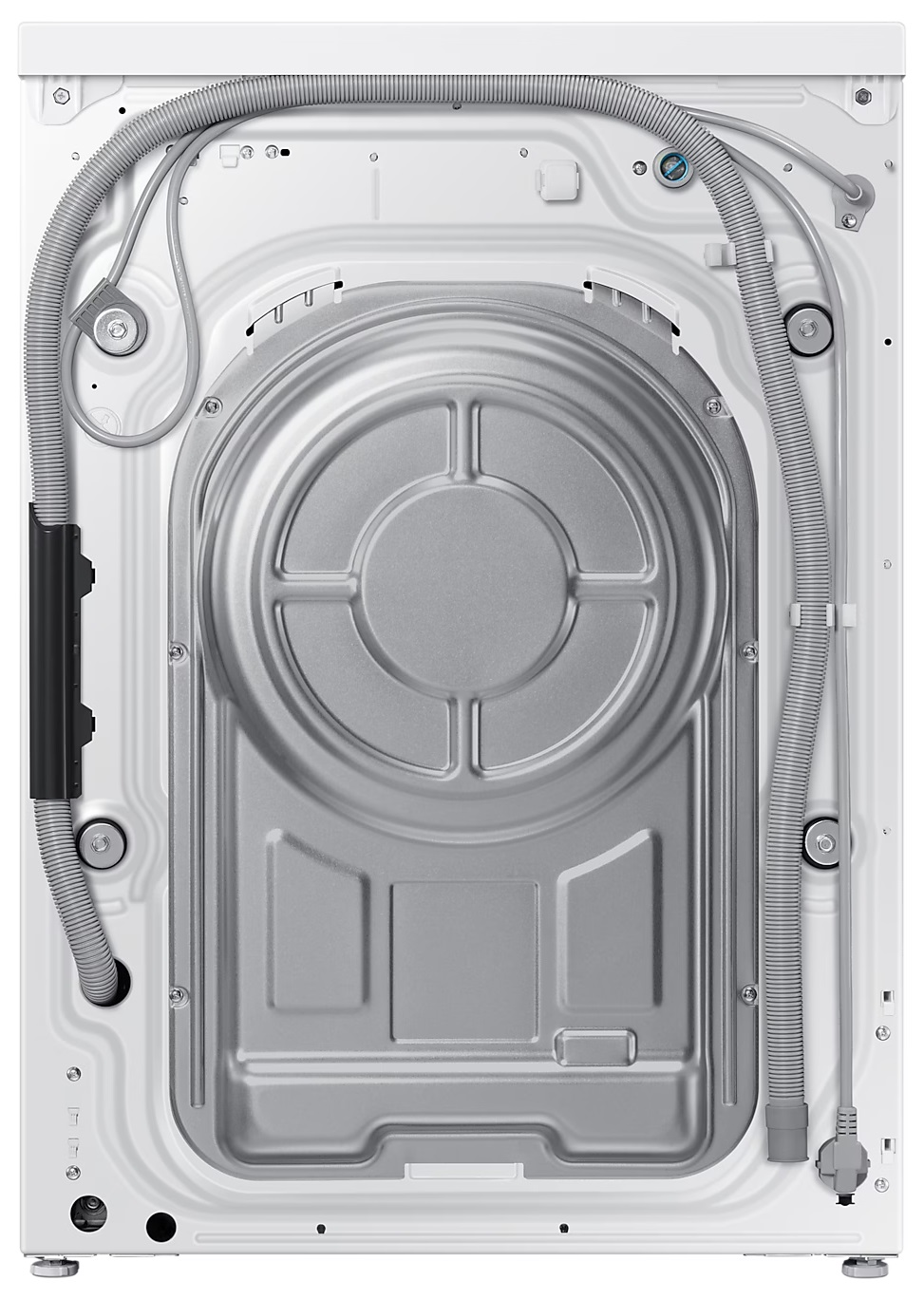 Tył białej pralki. Widoczne węże i elementy.