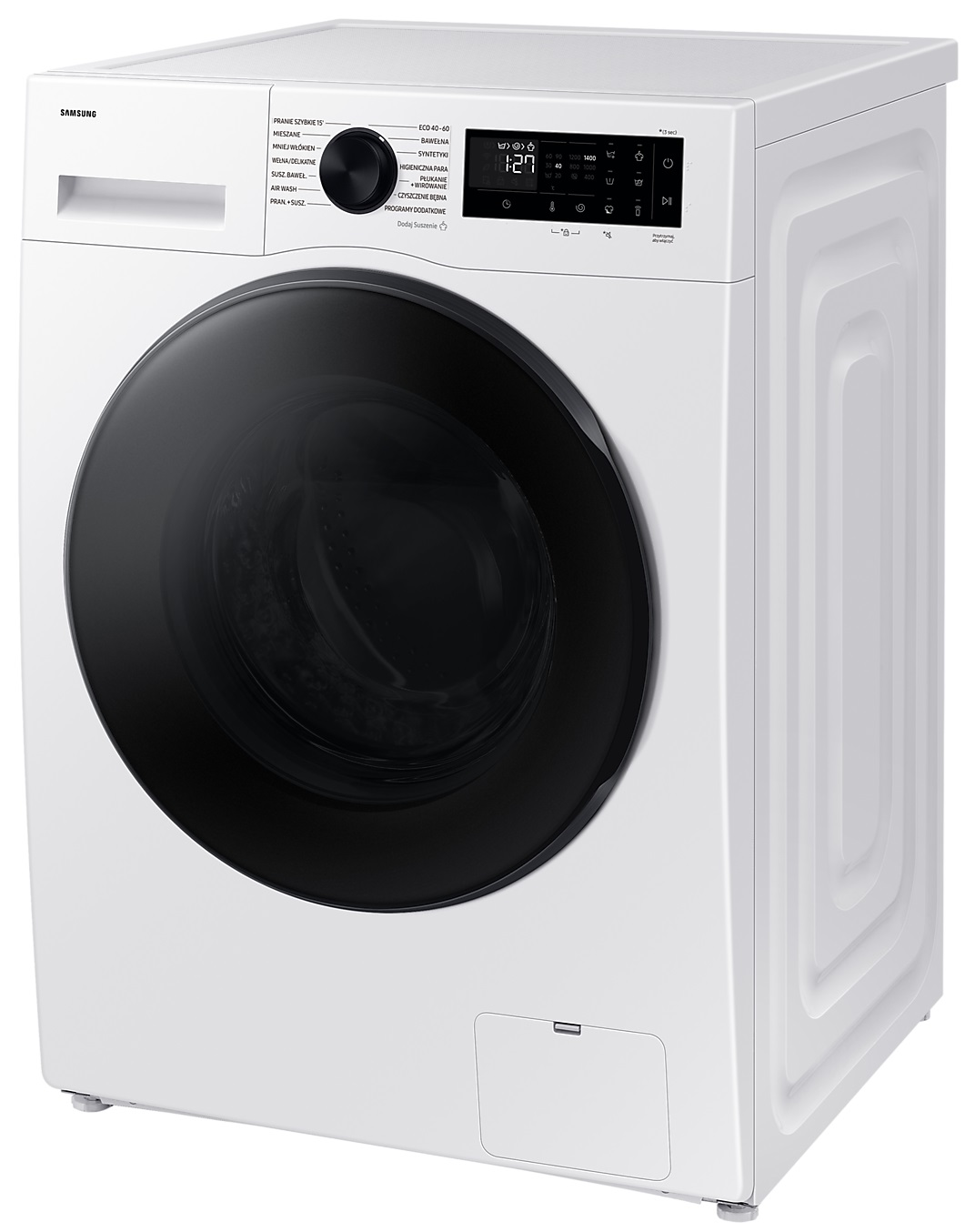 Biała pralka Samsung z czarnymi drzwiami. Widok z przodu. Wyświetlacz pokazuje czas.