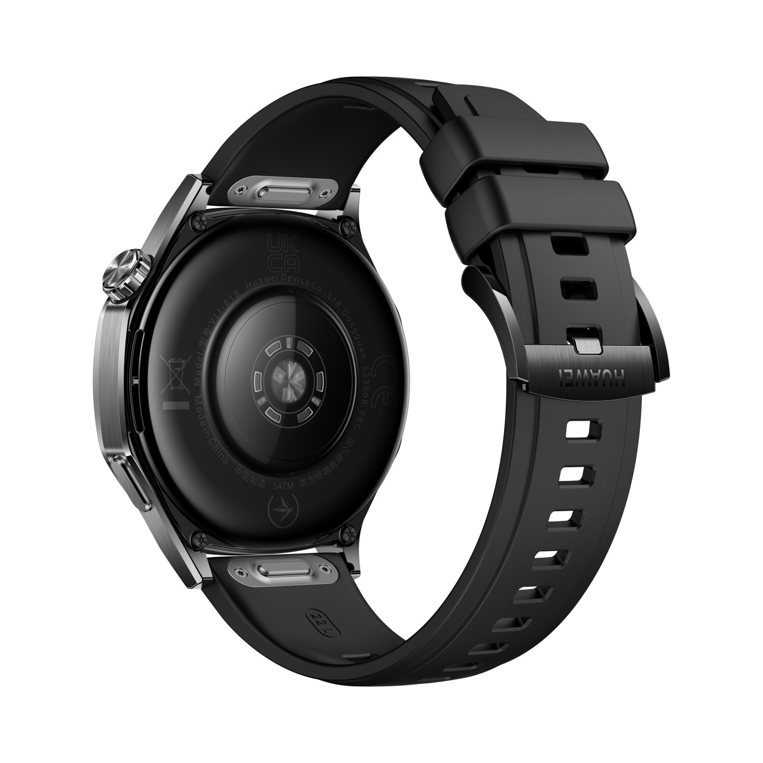 De achterkant van een zwarte smartwatch met zwarte band. De horloge heeft sensor.