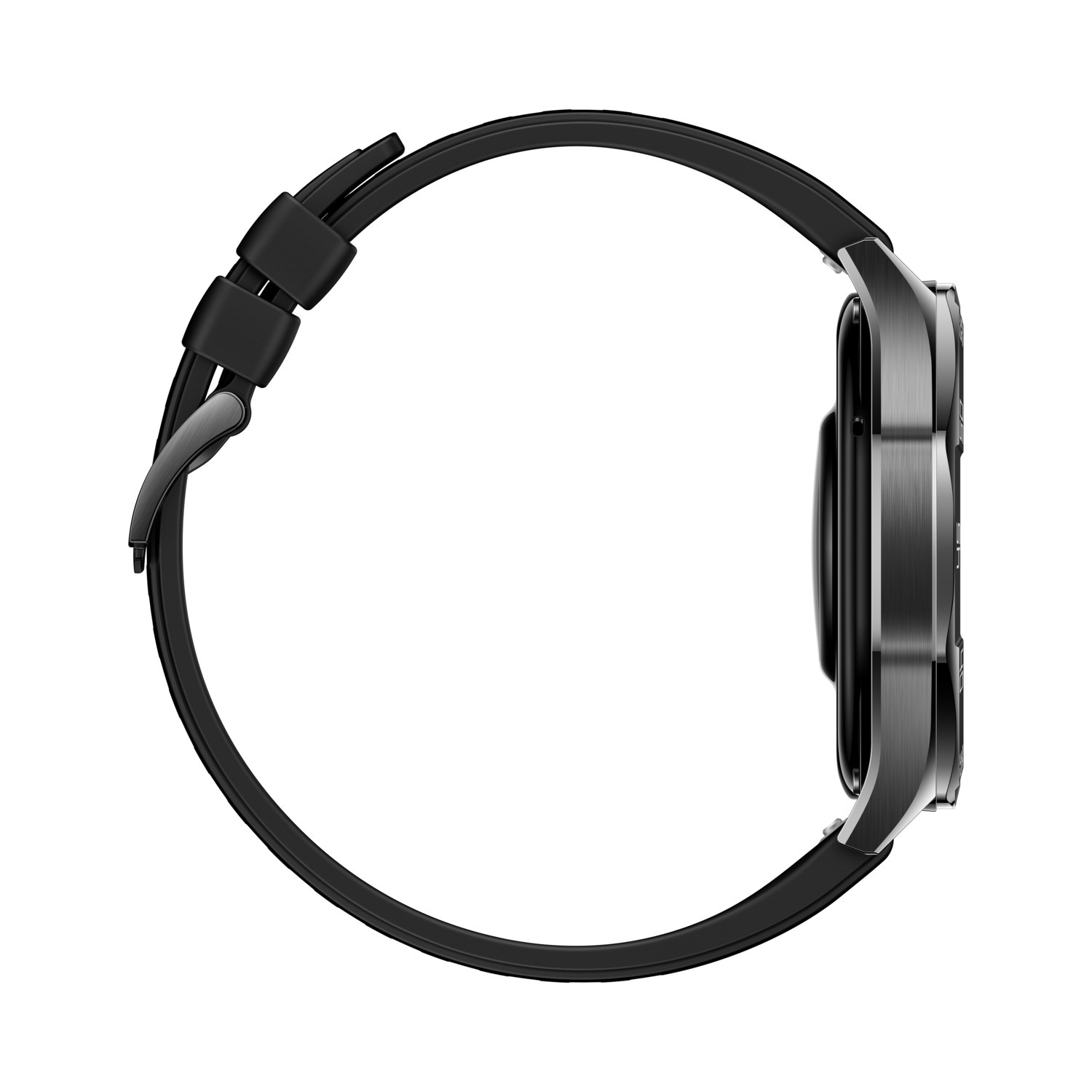 Zwarte smartwatch van opzij met zwarte band en ronde wijzerplaat, op een witte achtergrond.