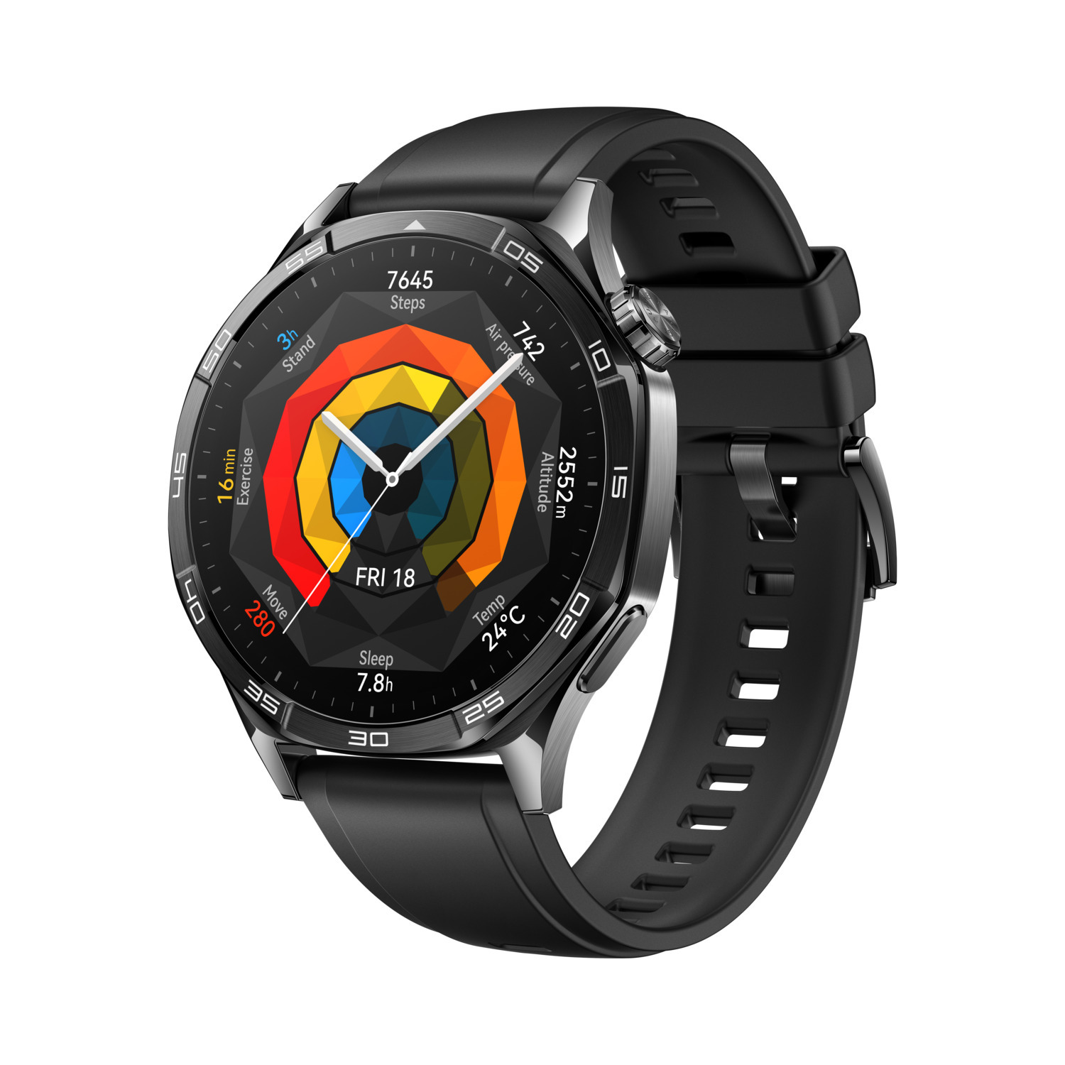 Zwarte smartwatch op witte achtergrond, met zwarte band, toont verschillende statistieken.