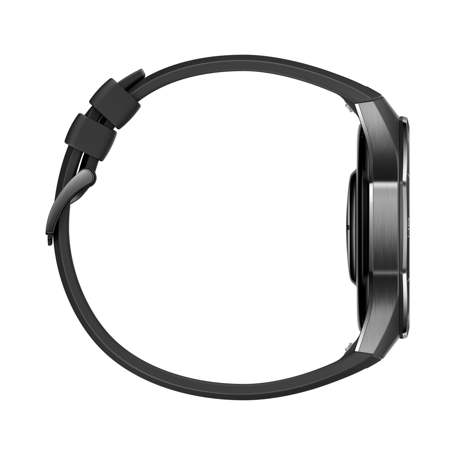 Zijaanzicht van een zwarte smartwatch met zwarte band, met een ronde wijzerplaat.
