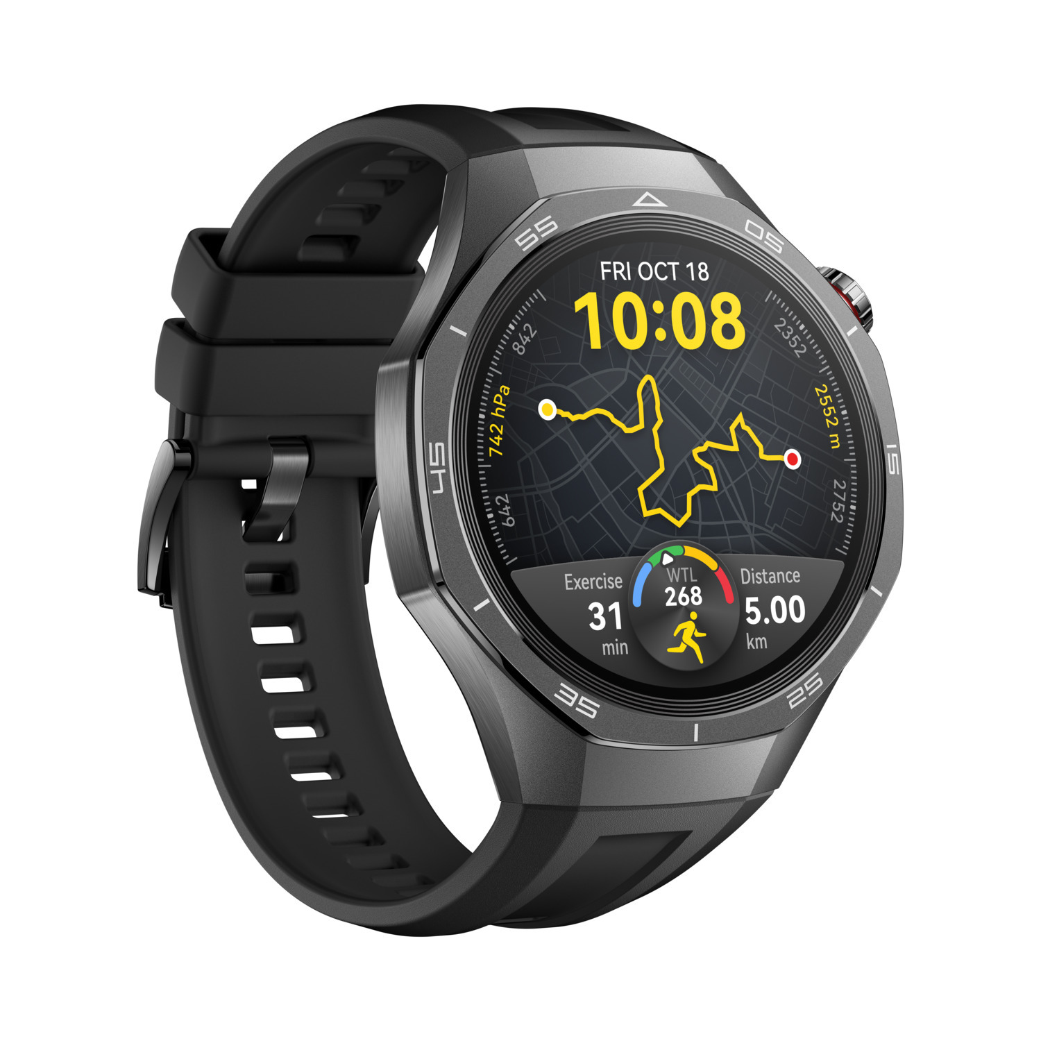 Zwarte smartwatch toont datum, tijd, trainingsstatistieken en een kaart.