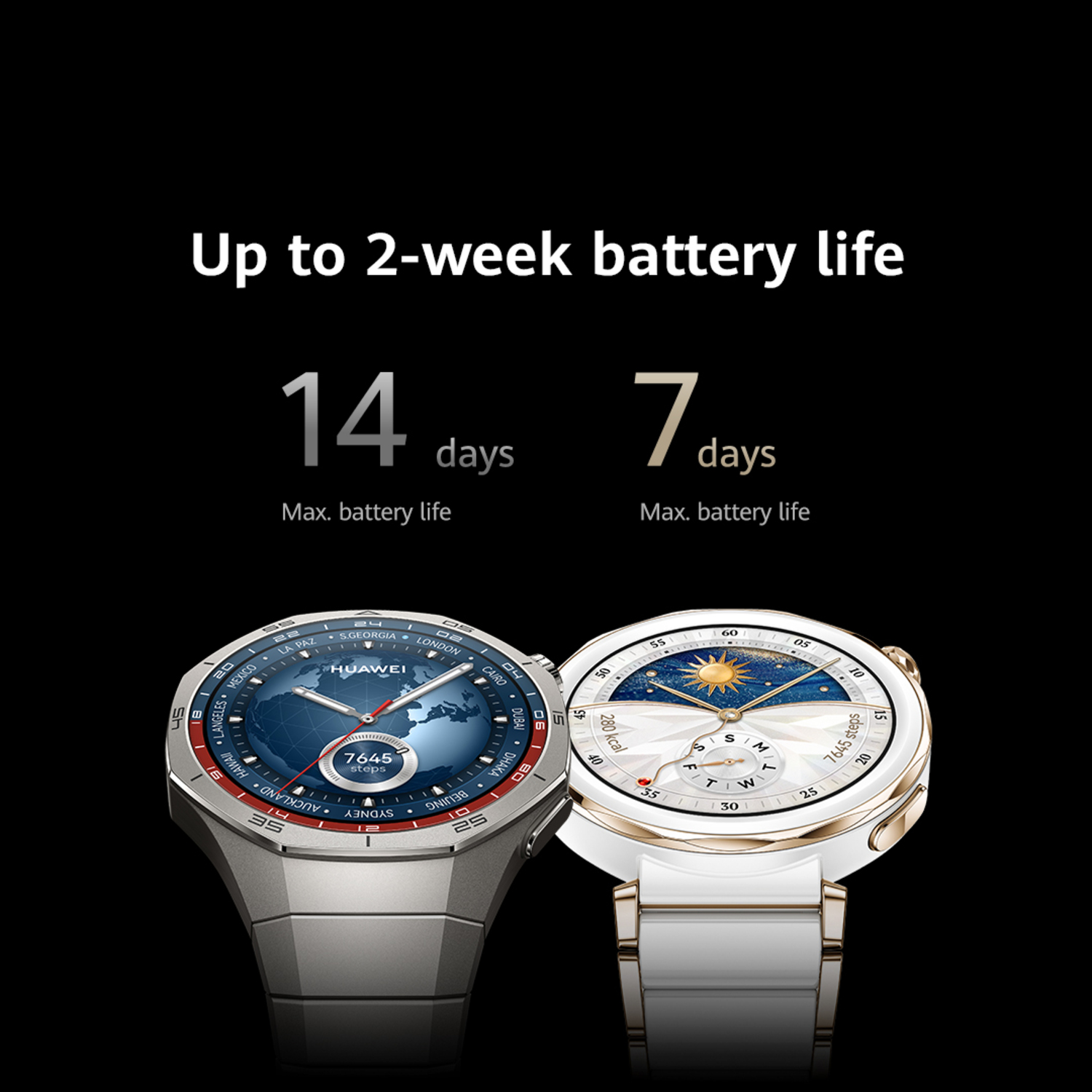 Twee smartwatches, één zilverkleurig en één wit, met teksten die de batterijduur aangeven.