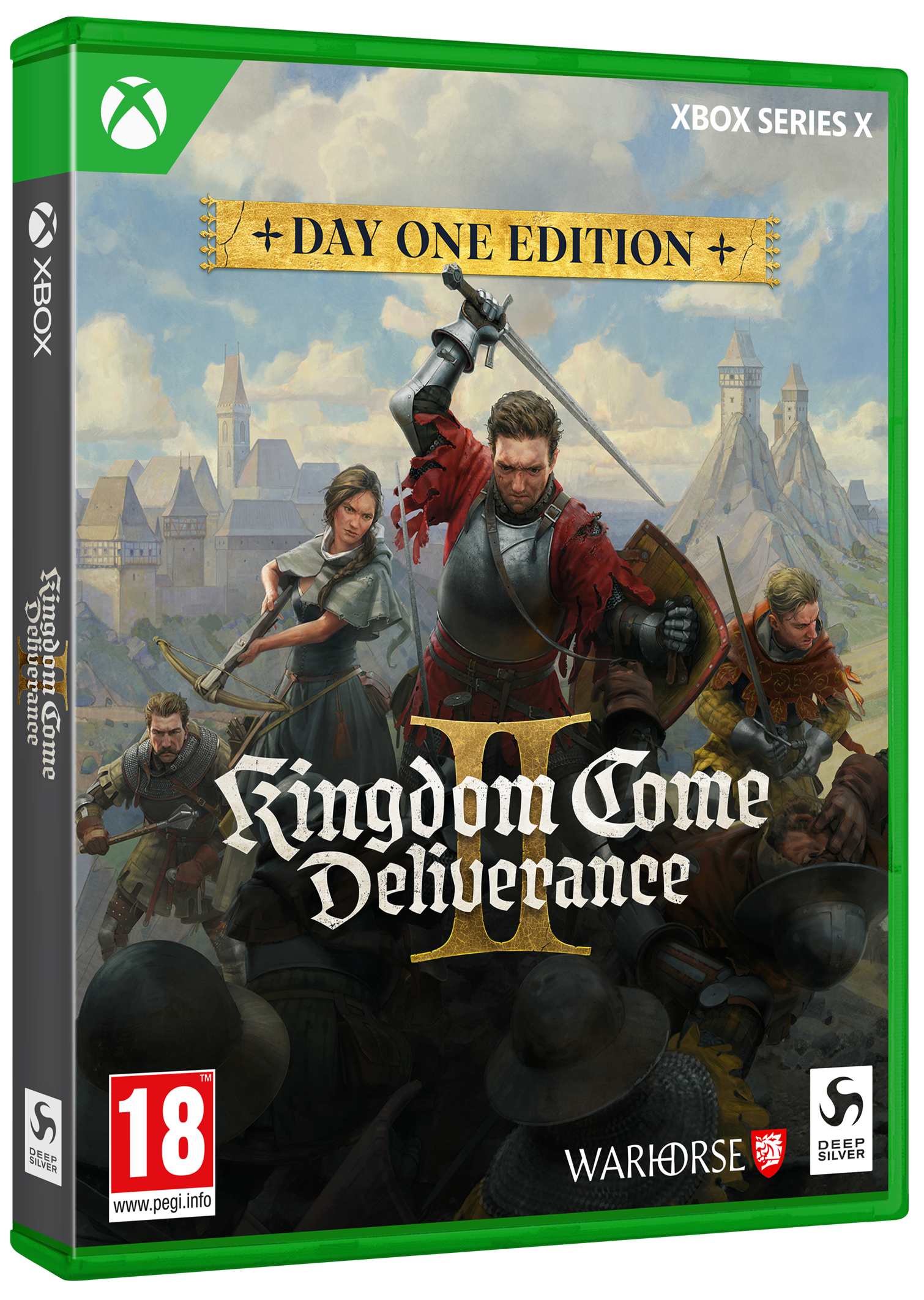 Xbox Series X Spielbox für Kingdom Come Deliverance II, mit mittelalterlicher Szene.