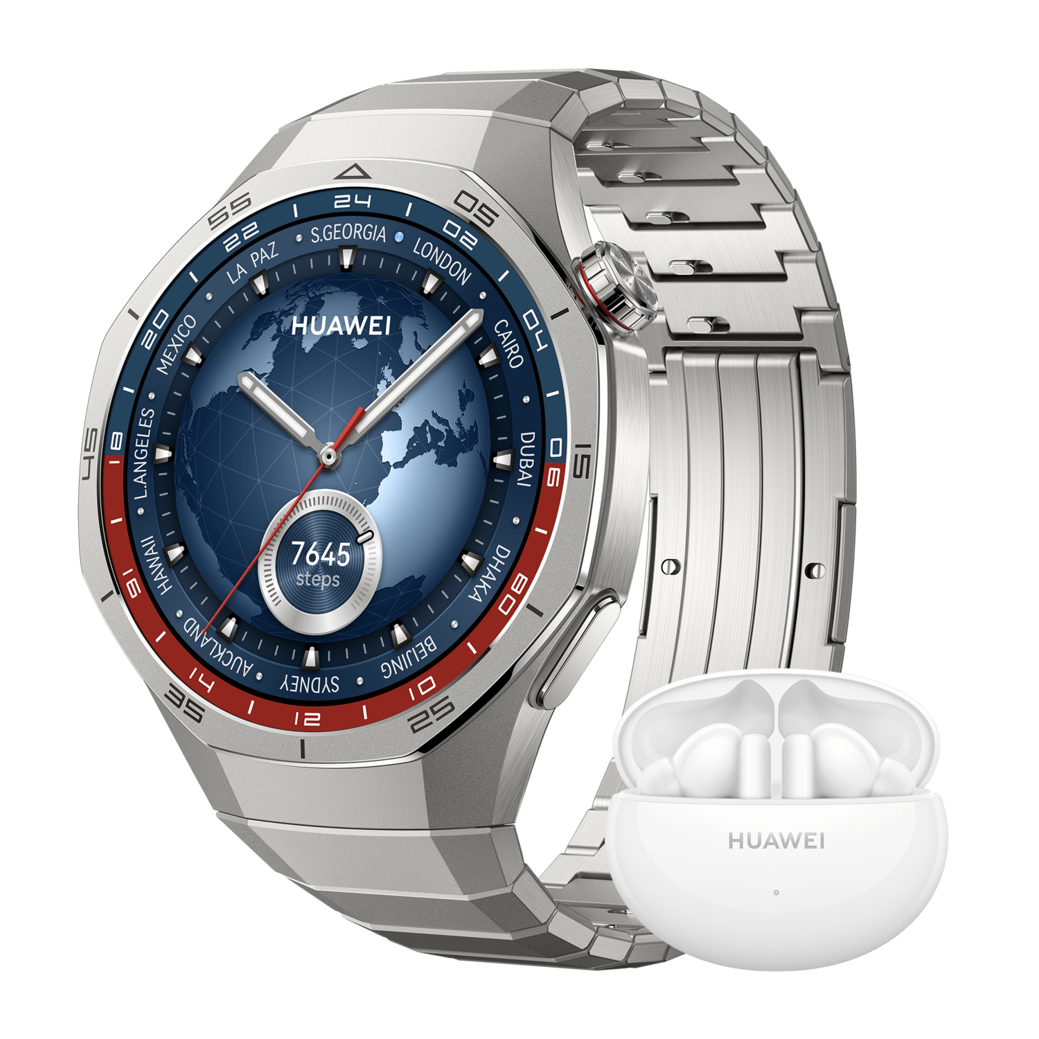 Zilveren Huawei smartwatch met een wereldkaart display en witte oordopjes.